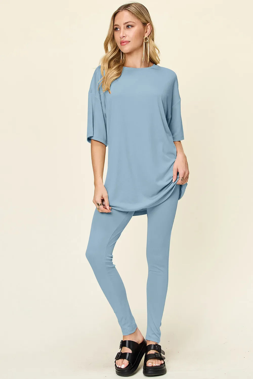 Women Two Piece T Shirt And Leggings Set With Dropped Shoulder Round Neck Full Size Comfortable Everyday Casual