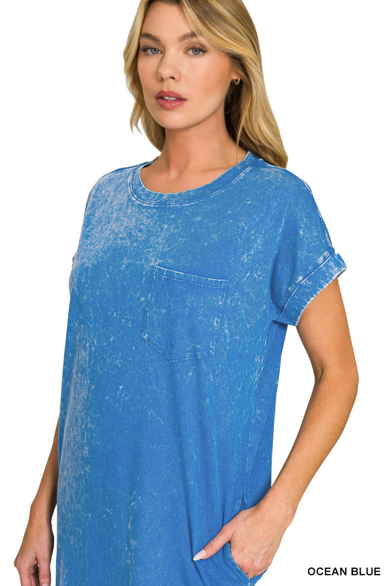 Zenana Washed Exposed Seam Knit T-Shirt Dress | Ocean Blue