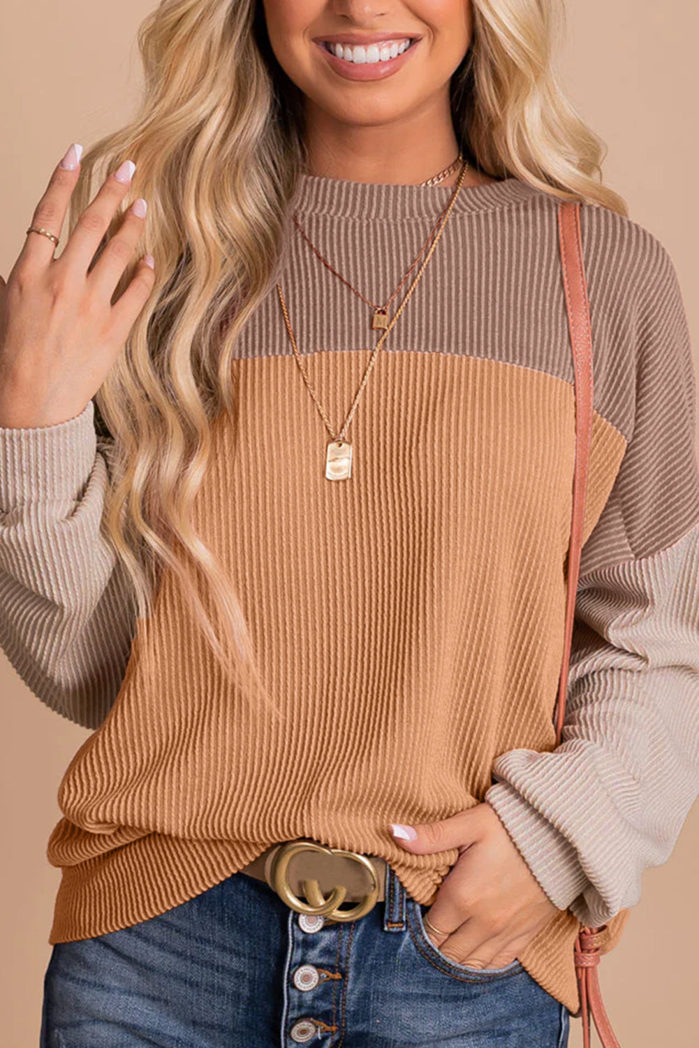 Khaki Color Block Long Sleeve Ribbed Loose Women's Top