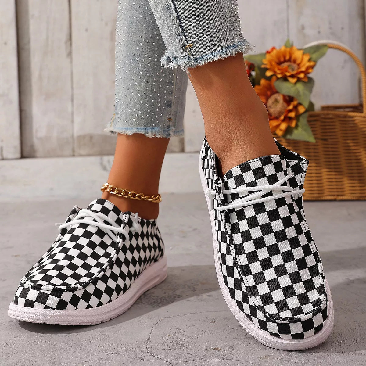 Women's Casual Checkerboard Canvas Slip-On Sneakers