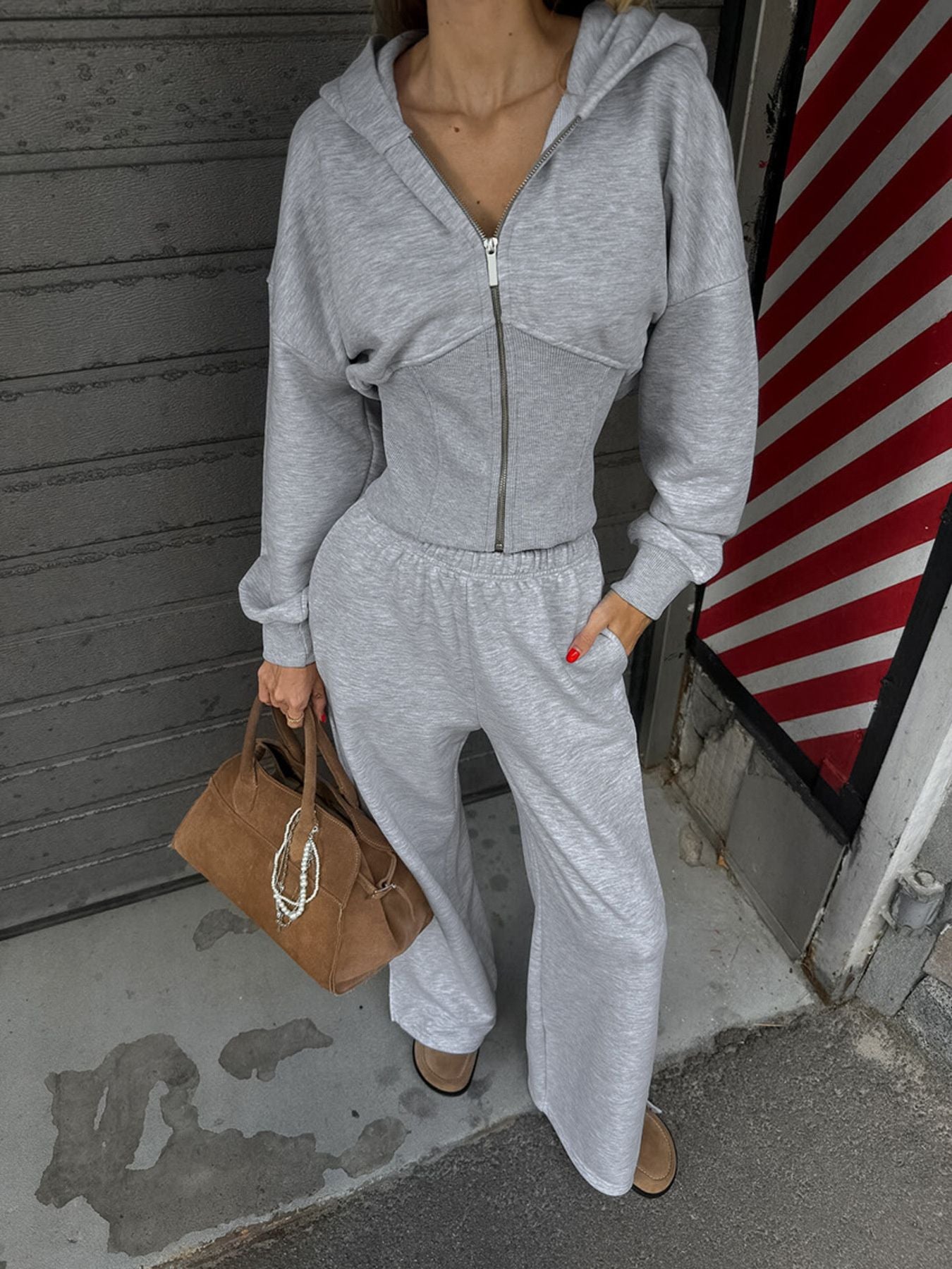 Zip Up Hoodie & Wide Leg Pants Set Heather Gray