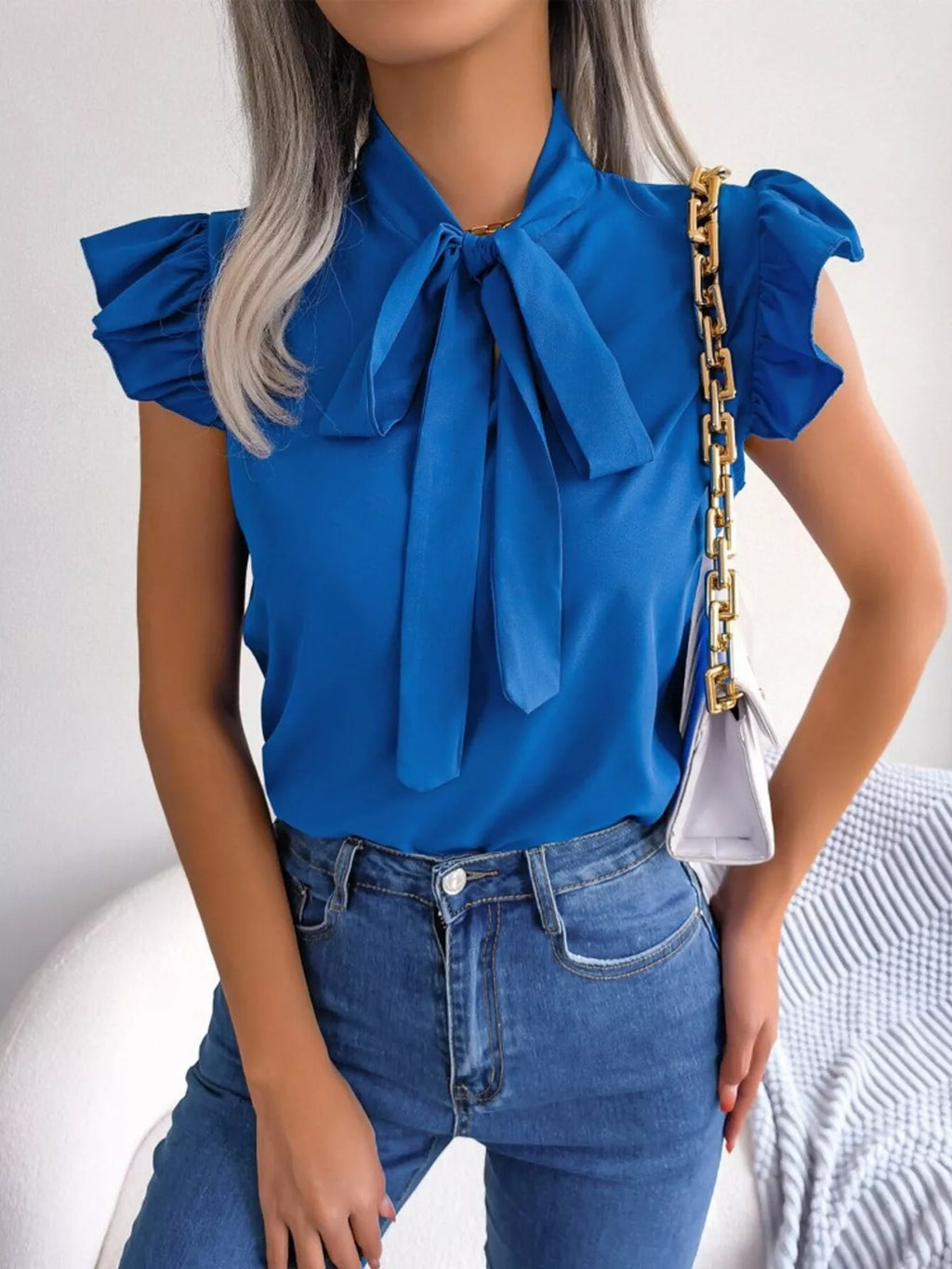 White Ruffle Sleeve Blouse with Elegant Bow Tie Detail