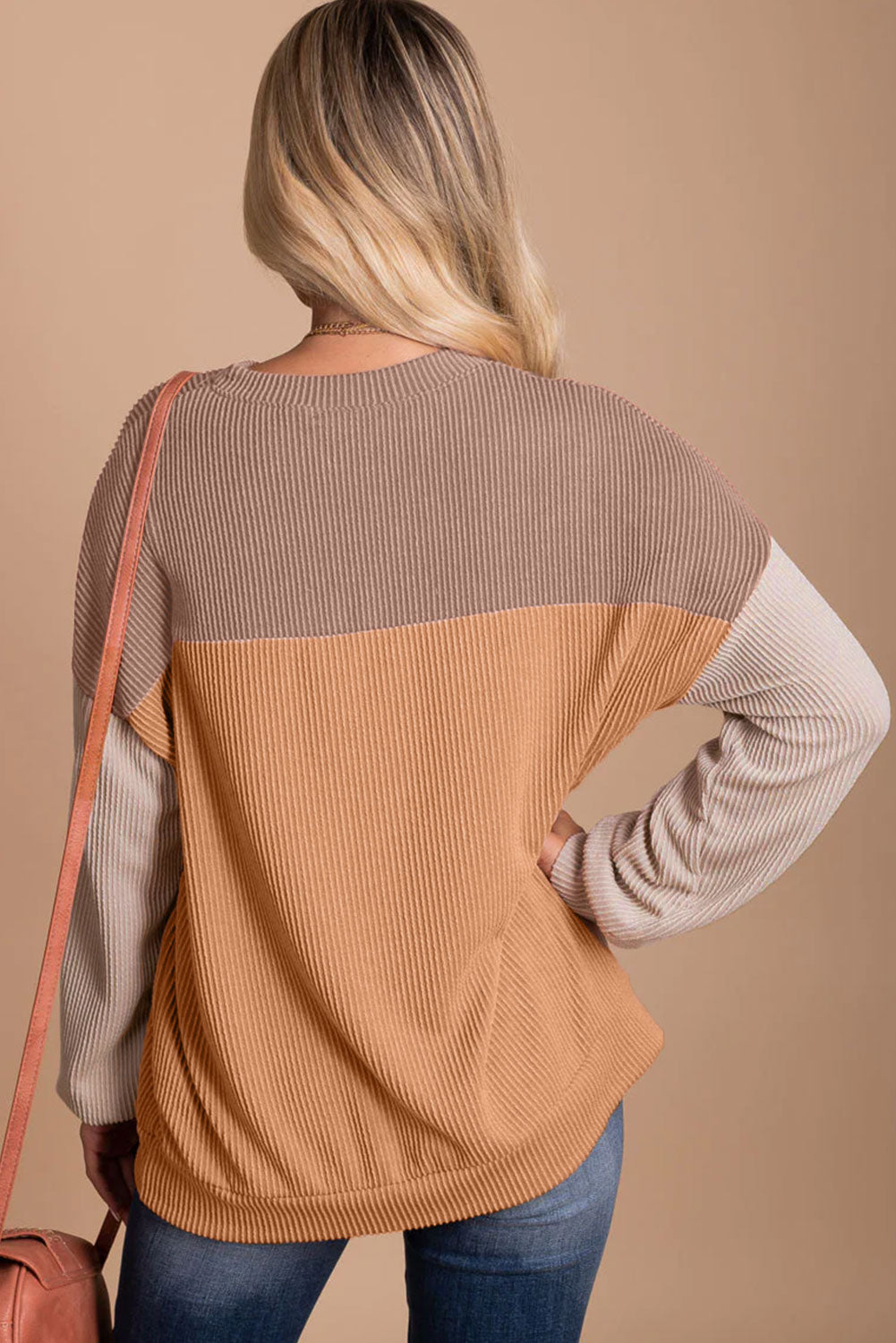 Khaki Color Block Long Sleeve Ribbed Loose Women's Top