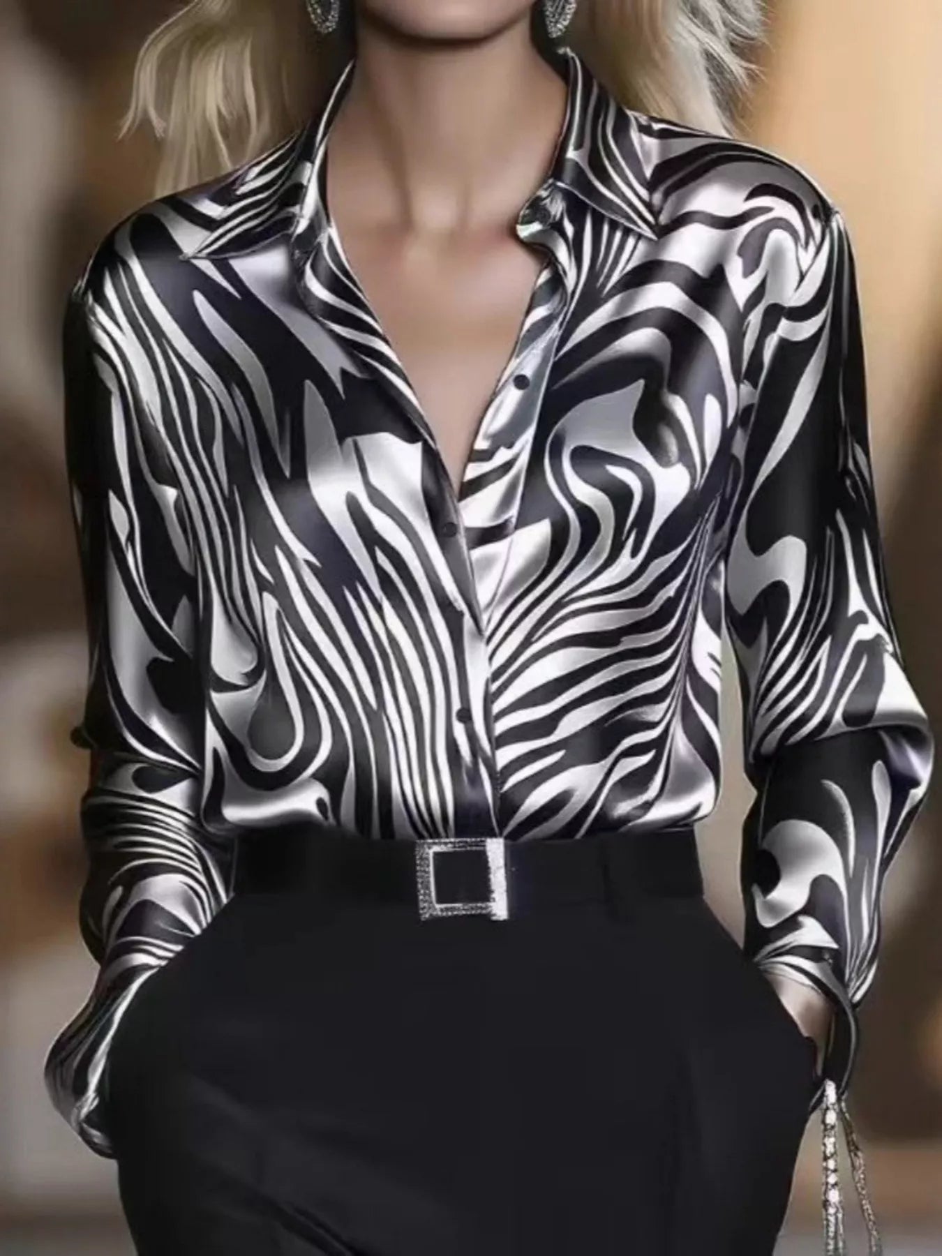 Zebra Print Satin Button Up Shirt | Black & White