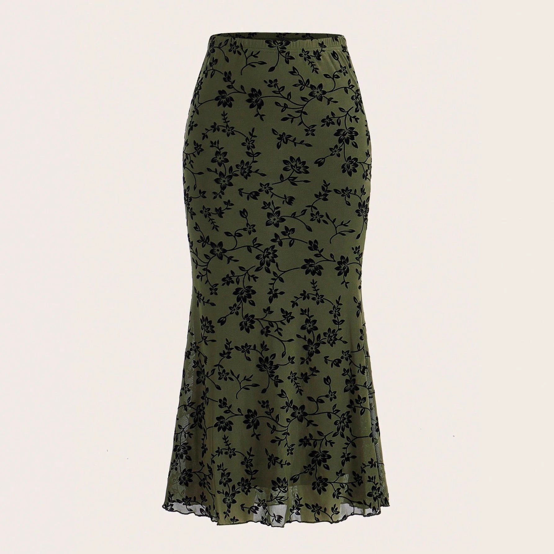 Dark Green Floral Half-length Fishtail Skirt For Women