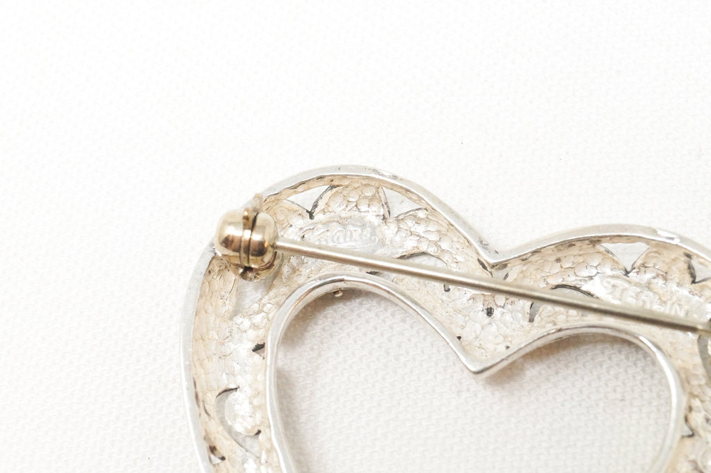 Vintage Open Heart Art Deco Swirl Sterling Silver Brooch Pin
