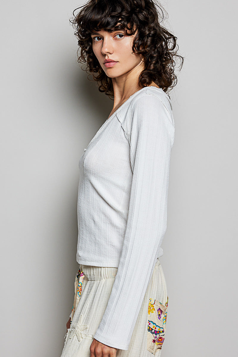 White V-Neck Ribbed Long Sleeve Top with Lace Trim Neckline