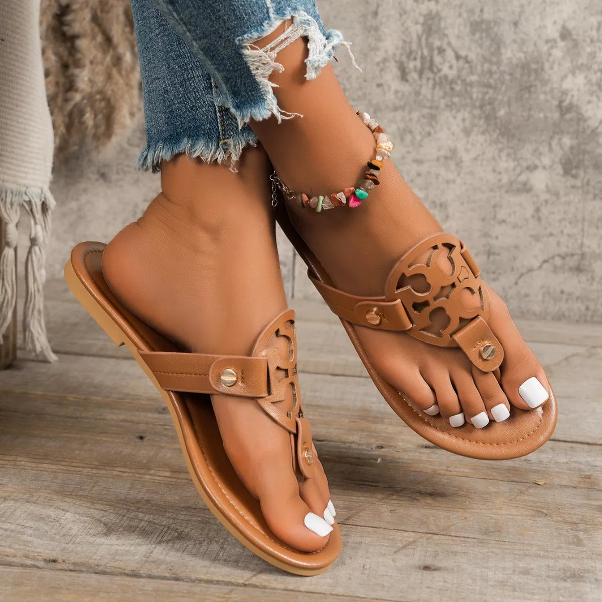 Women White Toe Post Flat Sandals Open Cutout Casual Summer Shoes