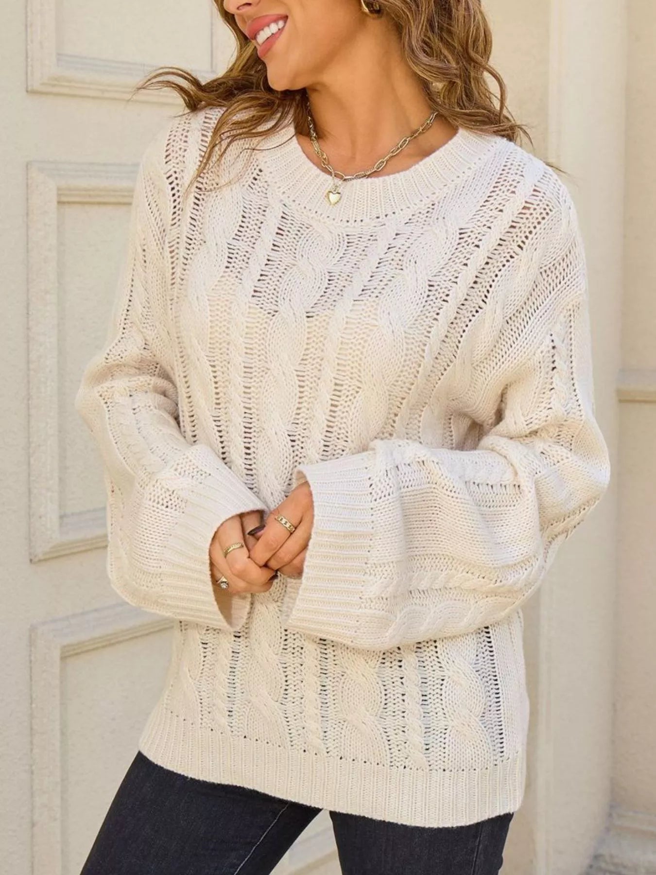 Women's White Cable Knit Long Sleeve Openwork Sweater