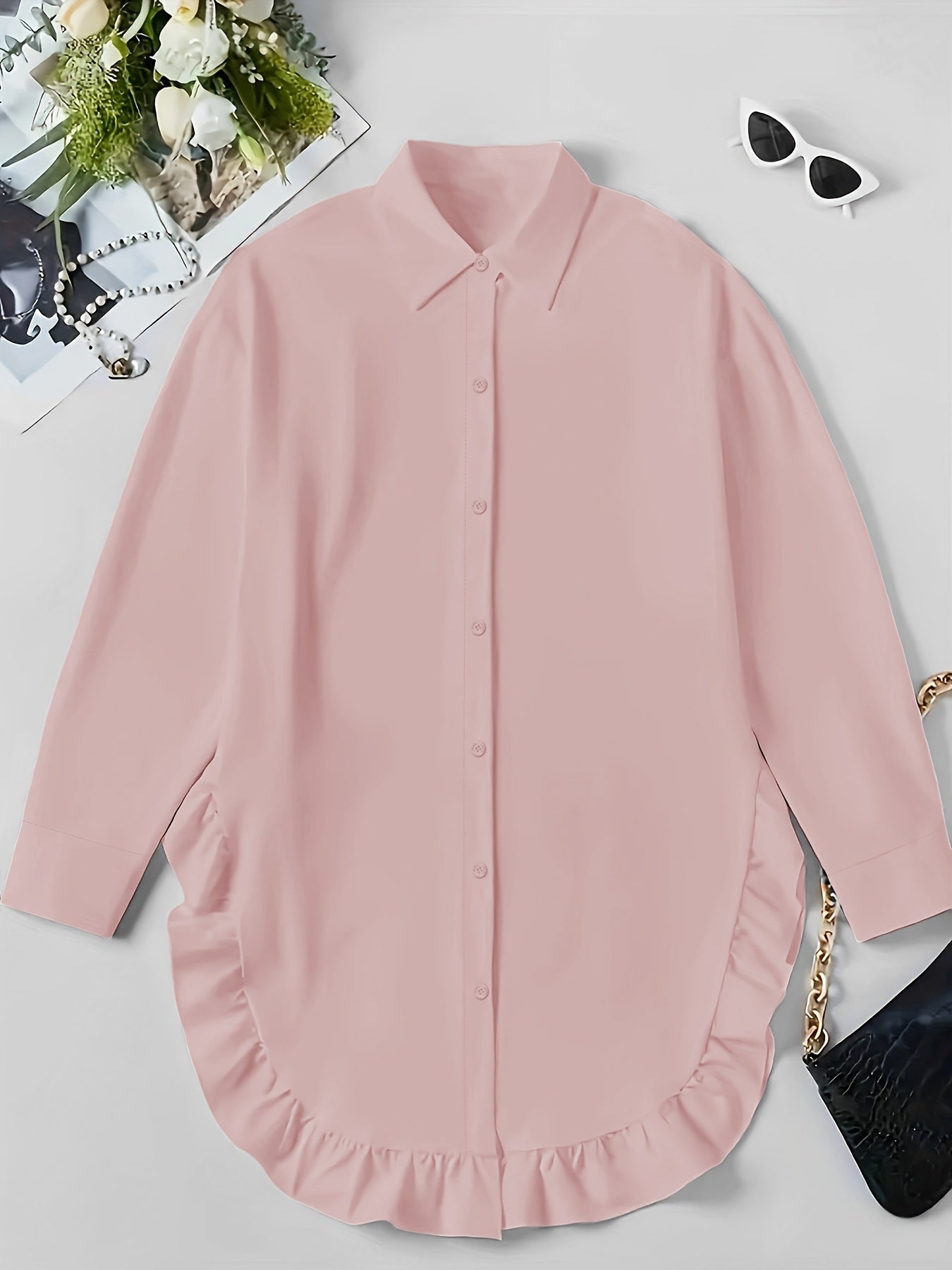 Hem Ruffled Casual Long Sleeve Shirt See size chart under “more details”
