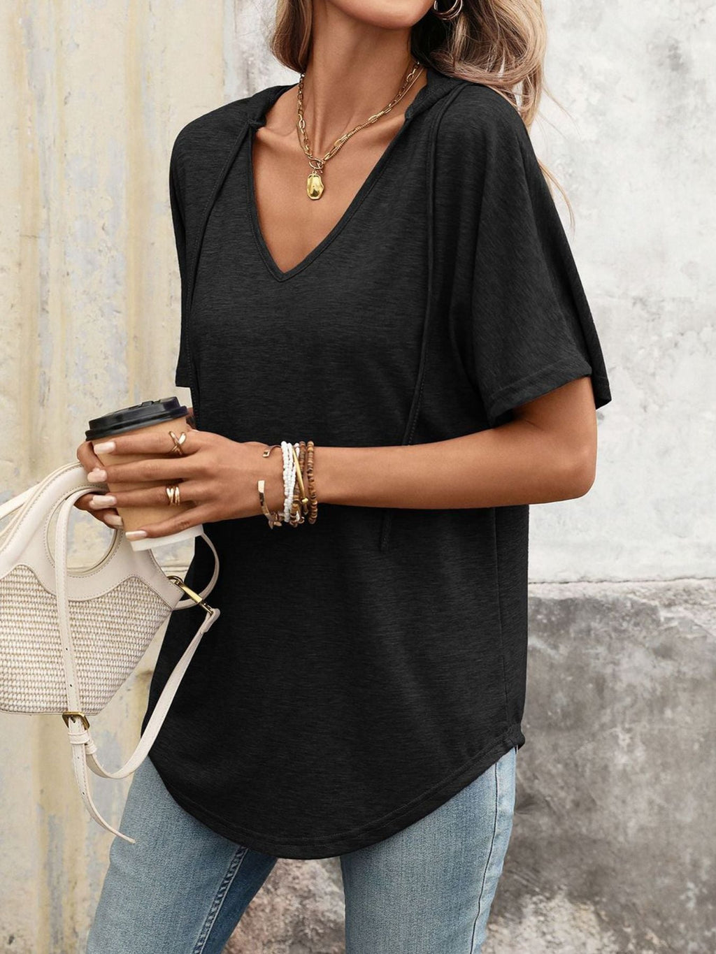 Women's Casual Short Sleeve V-Neck Hooded T-Shirt in Purple