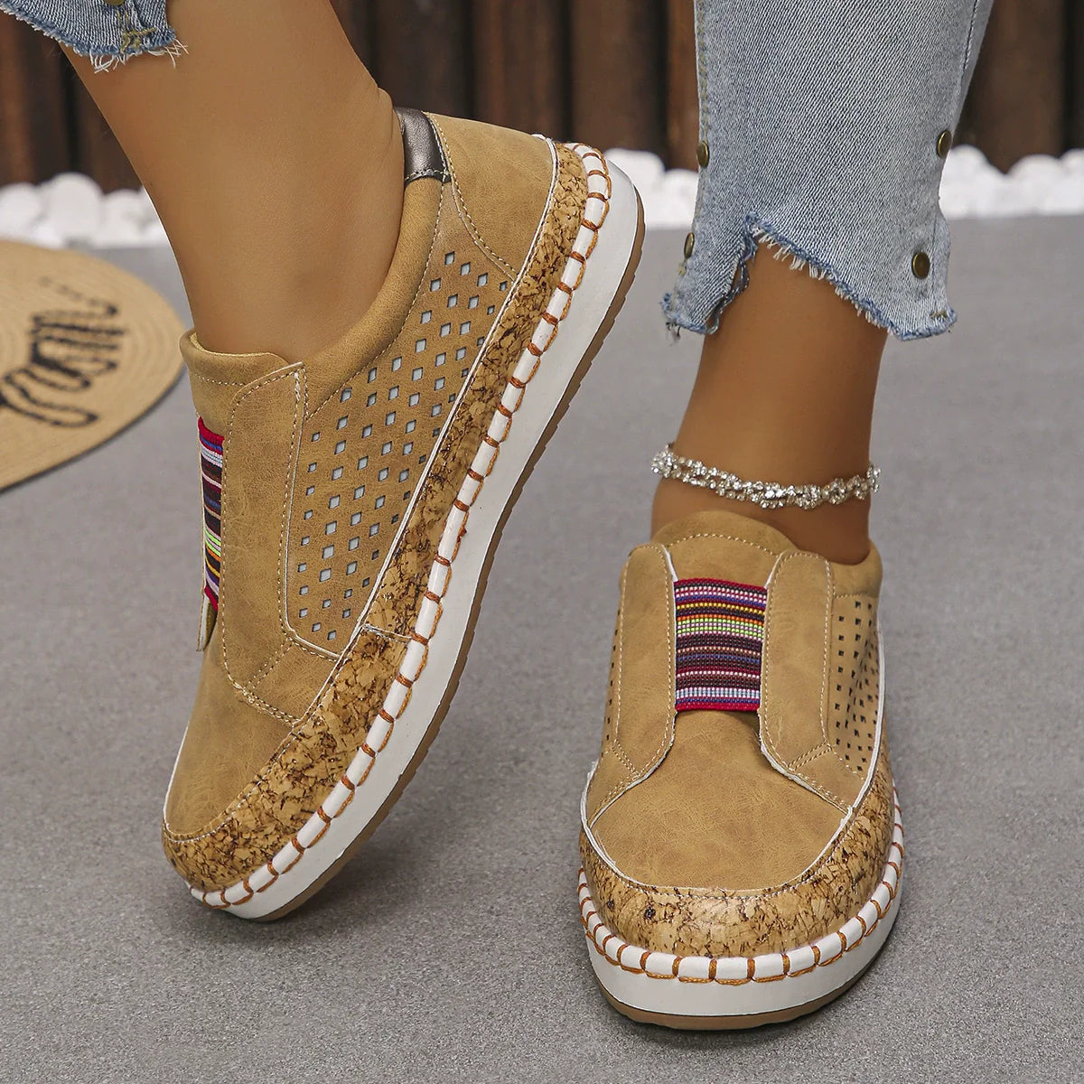 Women's Casual Slip-On Walking Sneakers with Cork Trim Detail