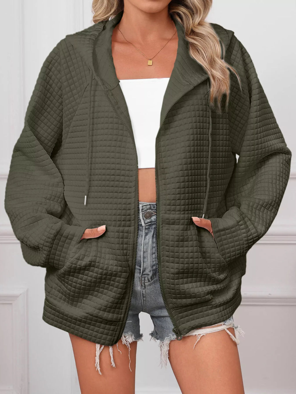White Quilted Zip-Up Hooded Jacket with Drawstring