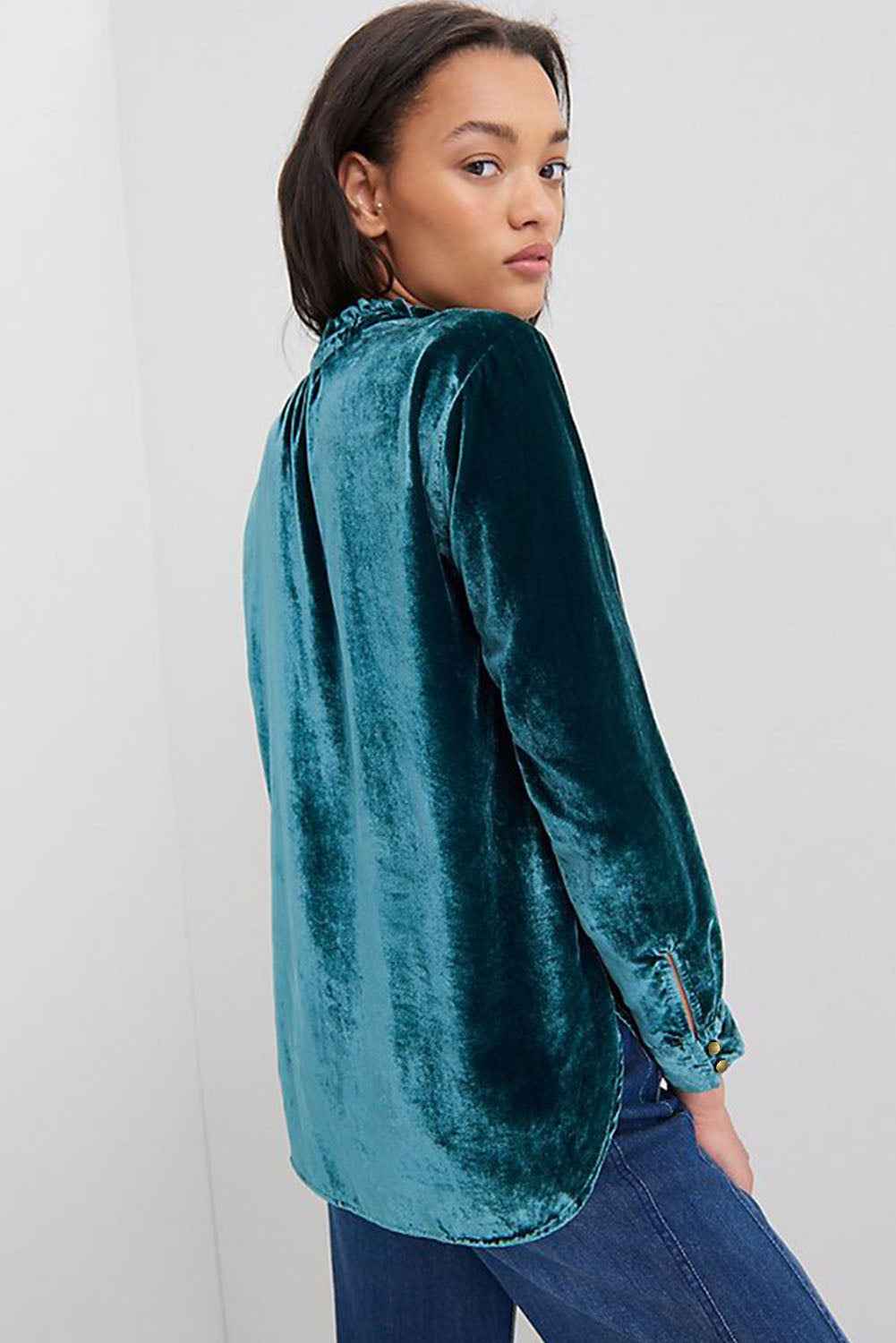 Green Frilled Neck Buttoned Front Velvet Women's Top