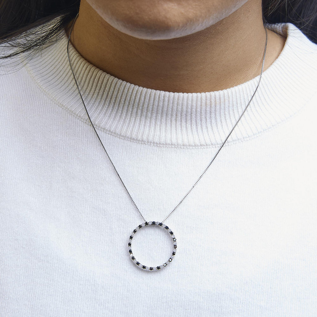 .925 Sterling Silver 1.0 Cttw Alternating Black and White Diamond Open Hoop Circle Pendant Necklace - 18" Inches