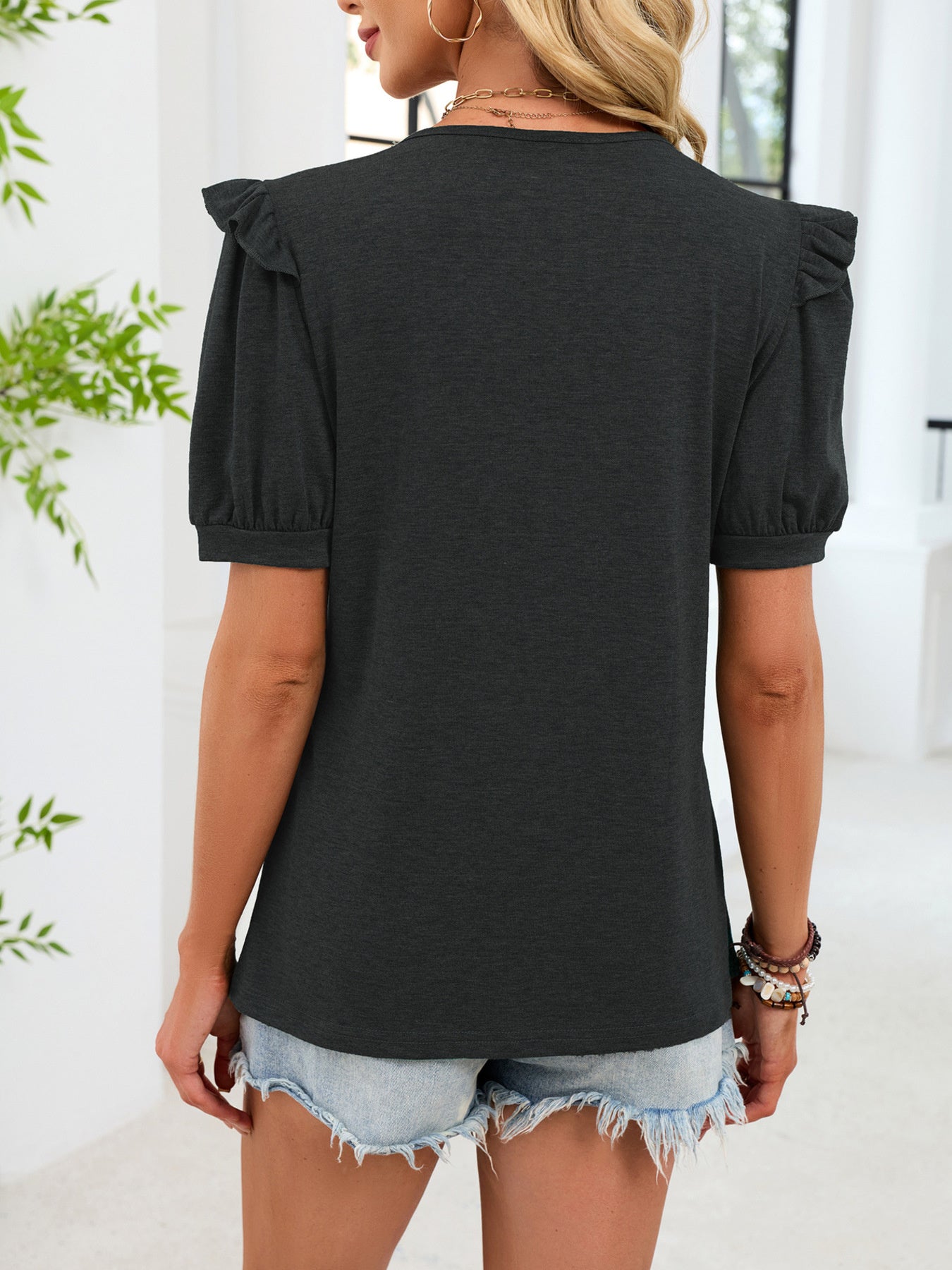 Women's Solid Color Ruffled Short Sleeve Crew Neck T-Shirt