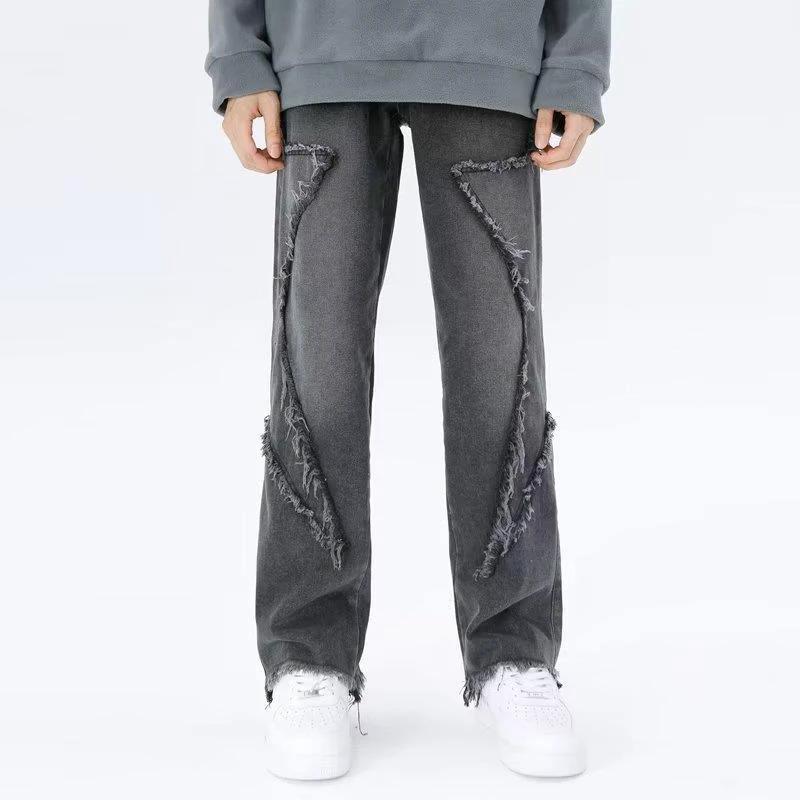 Raw Hem Jeans Men's American High Street Straight-leg Pants