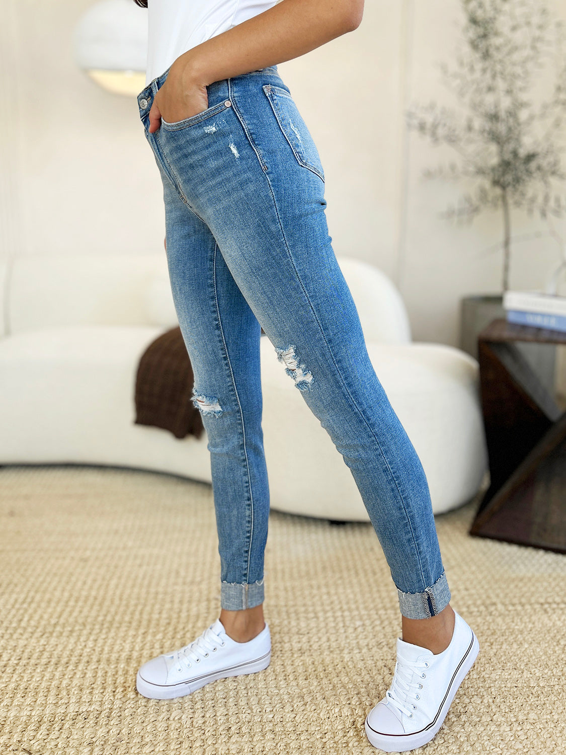 Judy Blue Full Size Mid Rise Destroy And Cuff Skinny Jeans For Curvy Women Perfect Everyday Style And Comfort