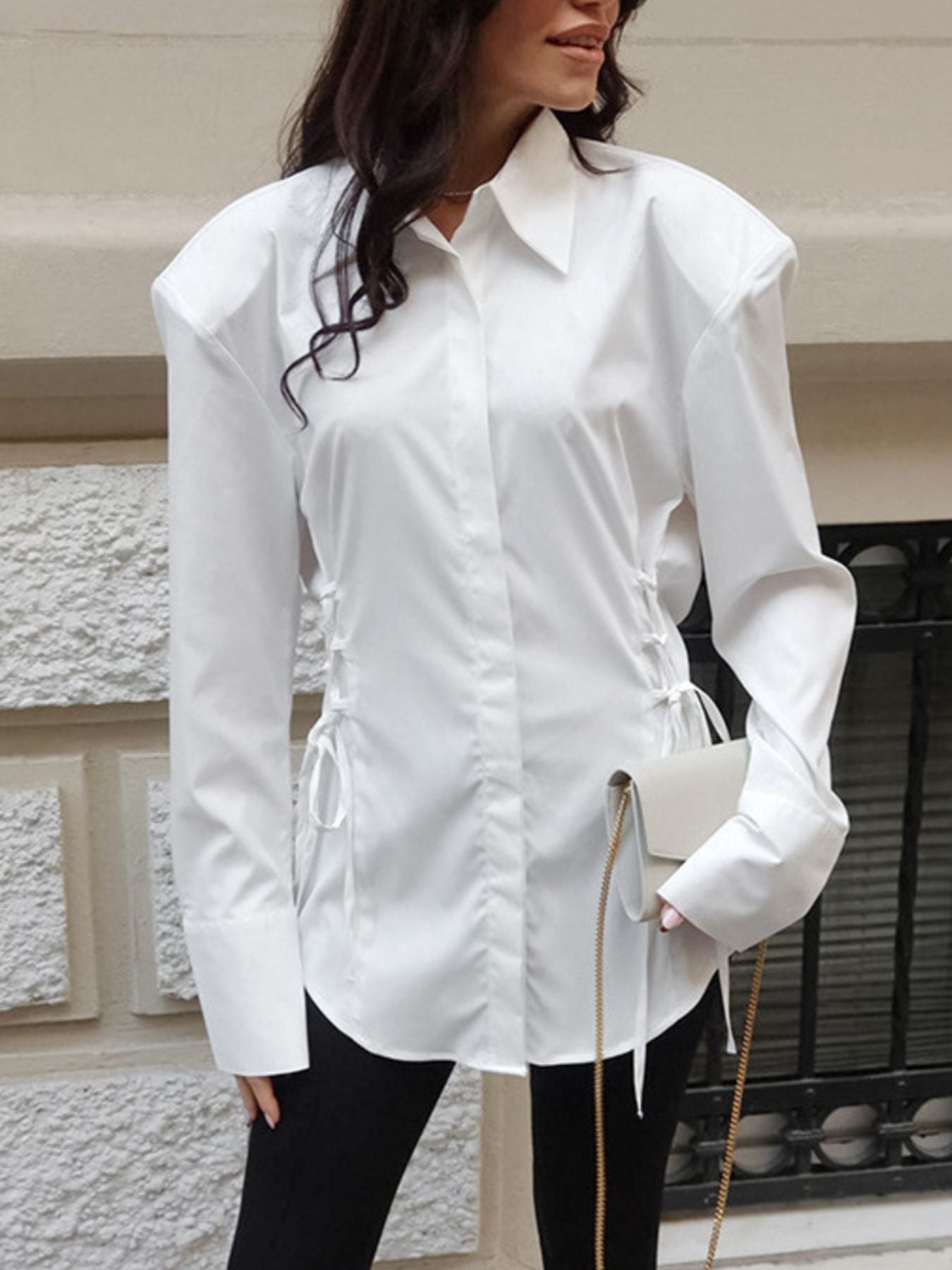White Side Lace Up Button Up Shirt