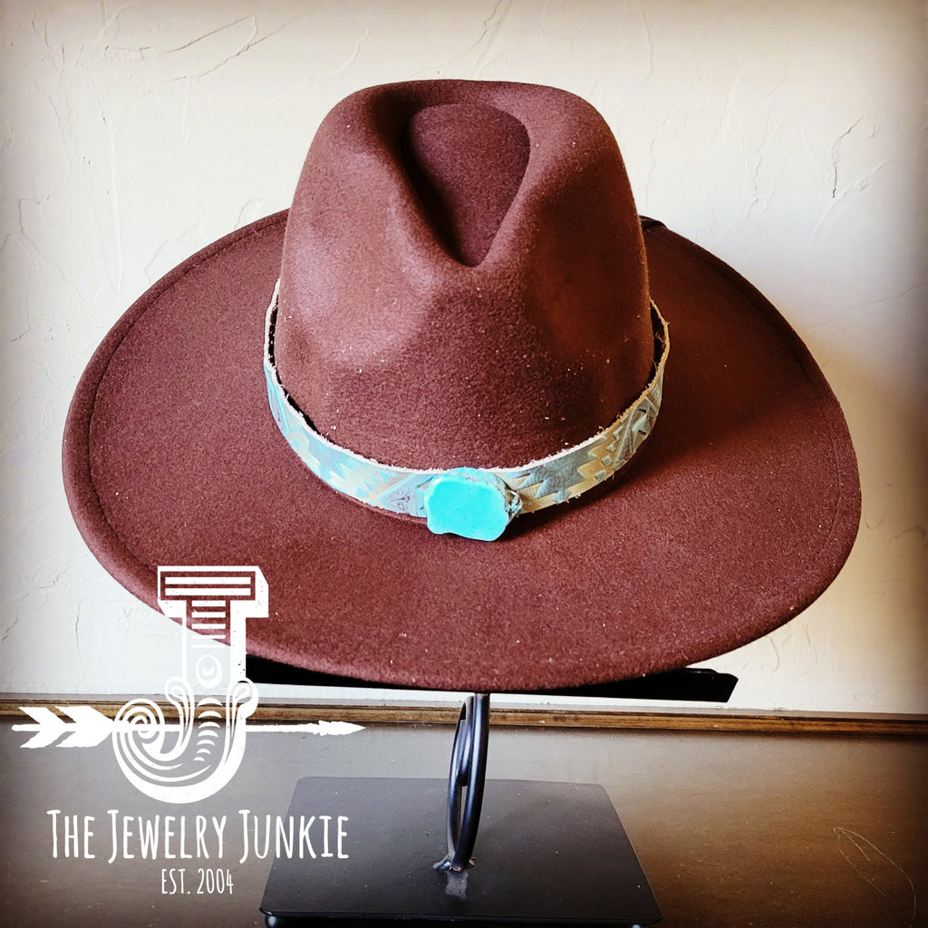 **Boho Western Felt Hat w/ Choice of Leather Hat Band w/ Turquoise Slab-Brown 980h