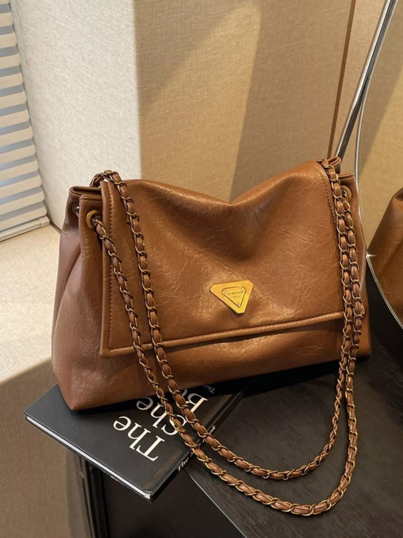 Brown Faux Leather Shoulder Bag with Metal Chain Strap