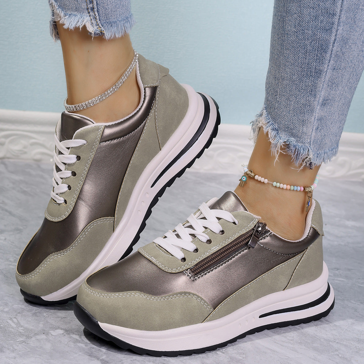 Women's Zipper Detail Lace Up Sneakers Casual Low Heel Shoes