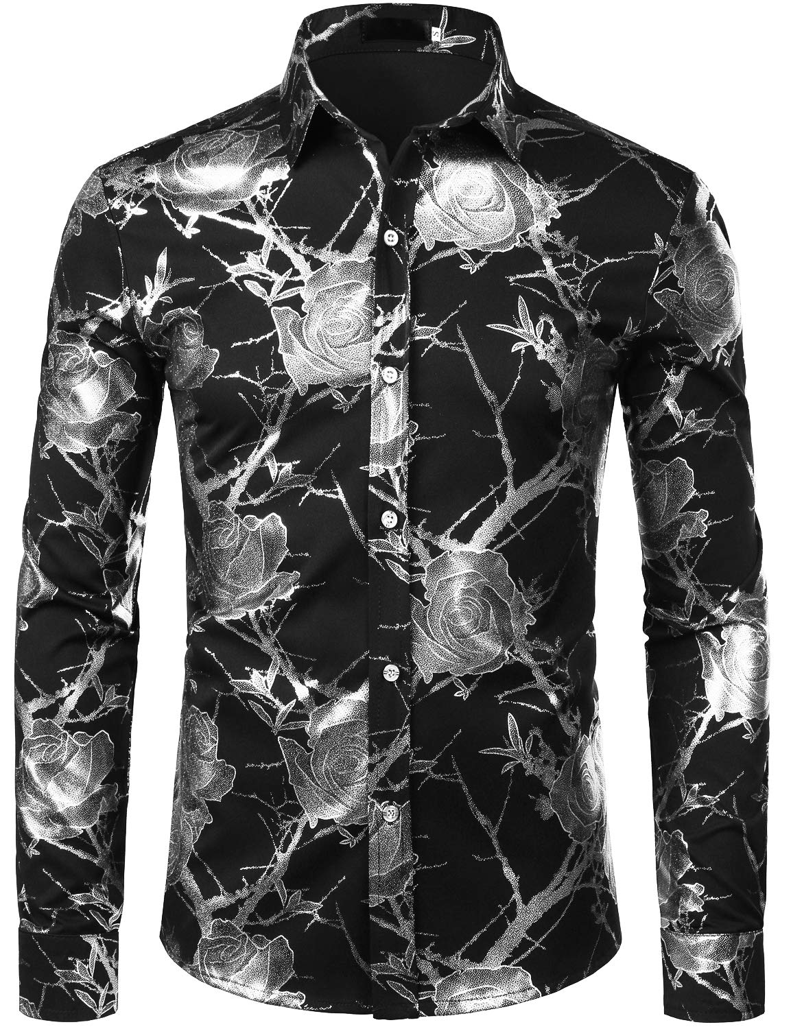 ZEROYAA Mens Hipster 3D Golden Rose Floral Printed Slim Fit Long Sleeve Button Down Dress Shirts