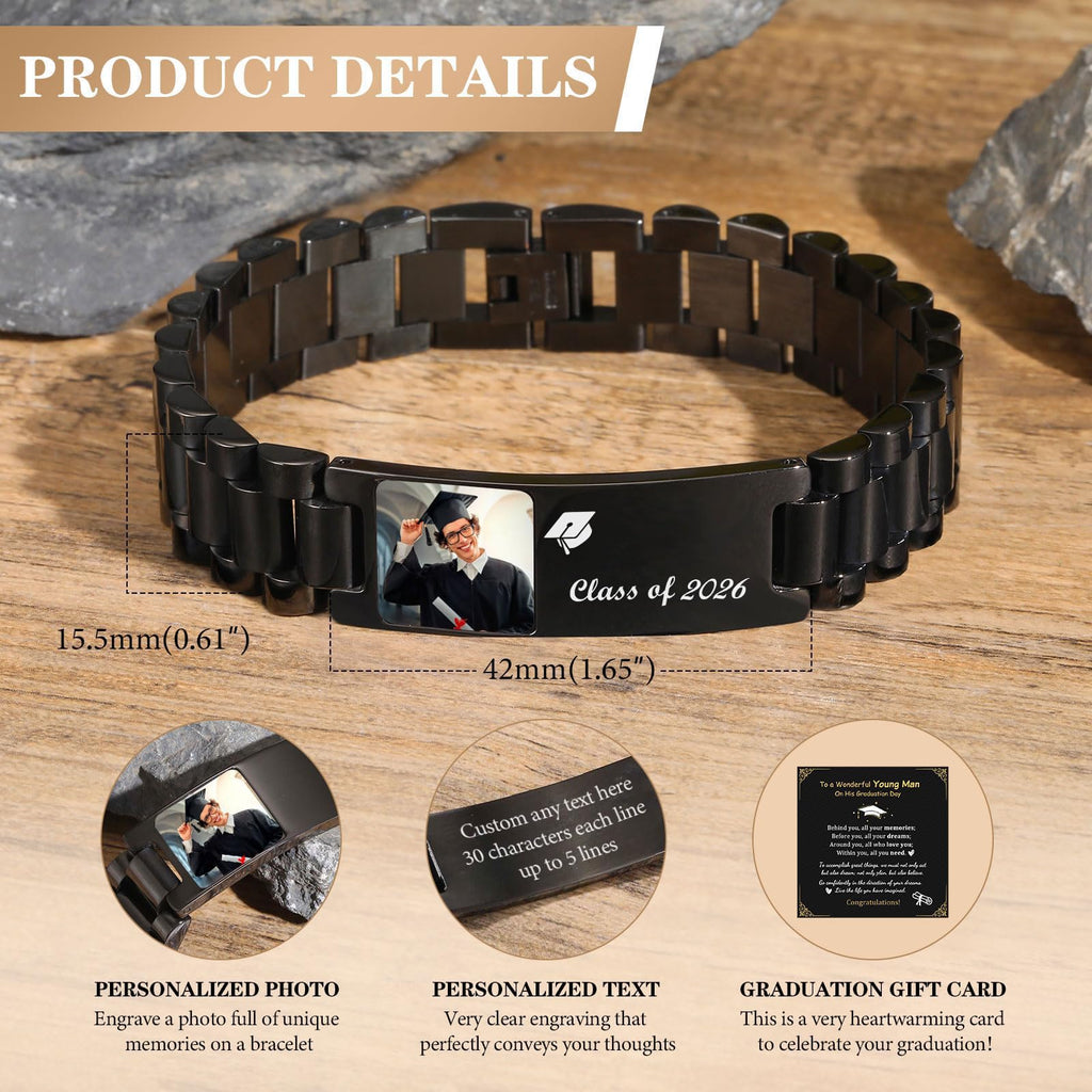 MEALGUET Graduation Gifts for him,Customizable Graduation Bracelet, Inspirational College Graduate Class Of 2026 Gift, Stainless Steel Handsome Link Bracelets for College Graduates