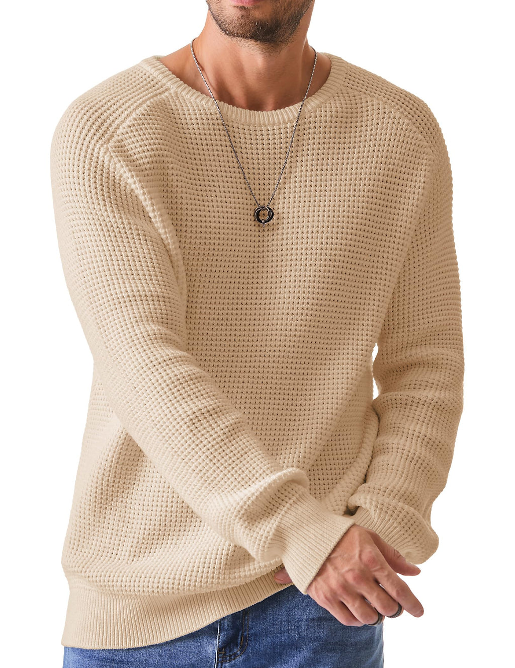 JMIERR Men's Crewneck Pullover Sweater Waffle Textured Knitted Sweaters Casual Loose Fit Sweaters with Ribbing Edge