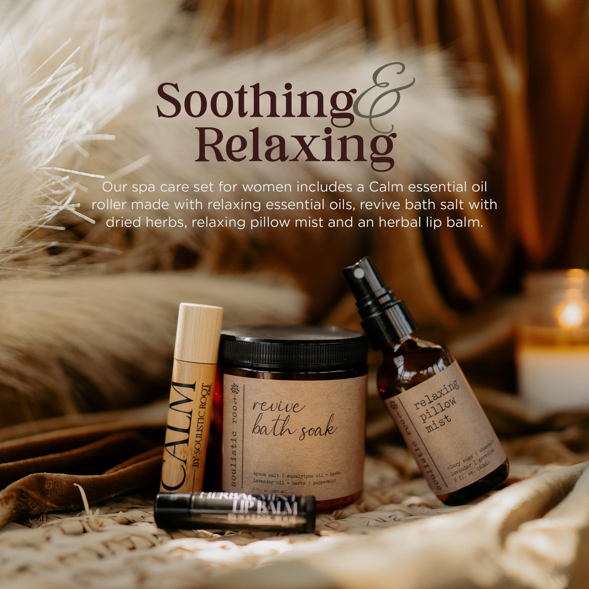 SOULISTIC ROOT Self-Care Set - Luxury Spa Bath Kit, Pillow Mist, Cooling Lip Balm, Tranquil Essential Oil Roller & Epsom Salt Bath Soak Pampering Package, Holistic Gifts for Him & Her
