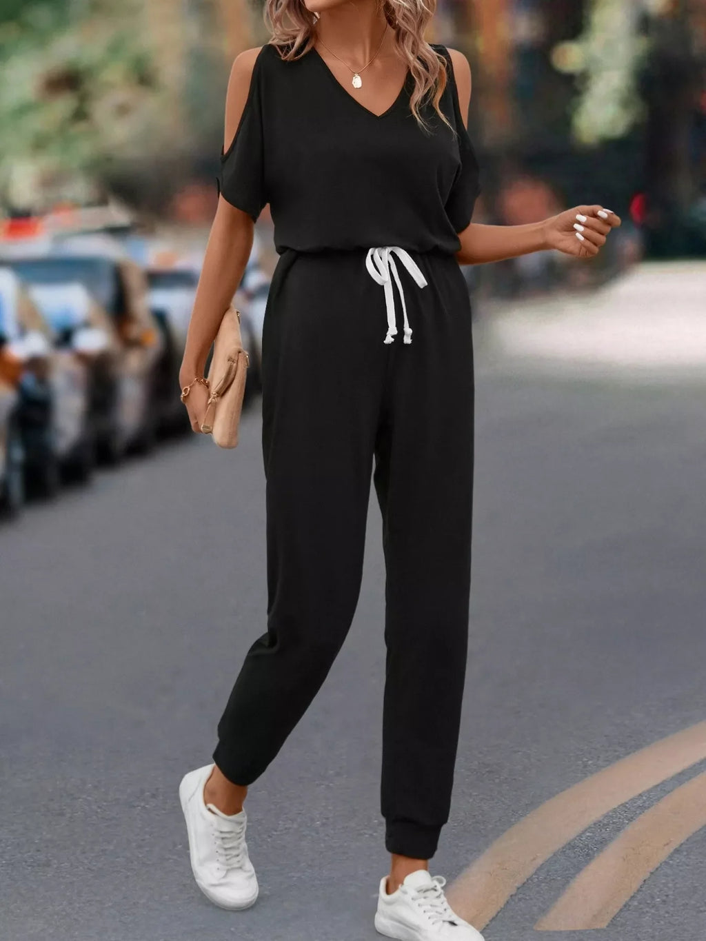 Women's Cold Shoulder V-Neck Jumpsuit – Pocketed Stretch Fit