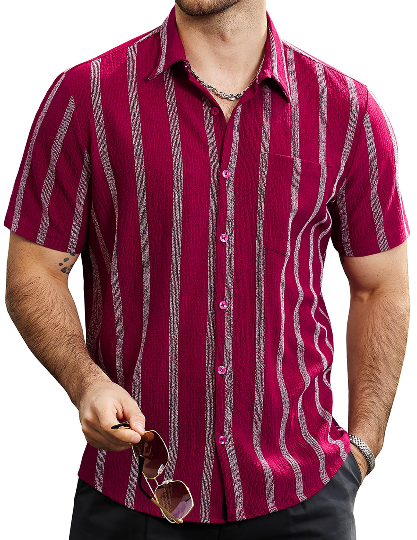VATPAVE Mens Summer Striped Shirts Button Down Short Sleeve Vintage Beach Hawaiian Shirts with Pocket