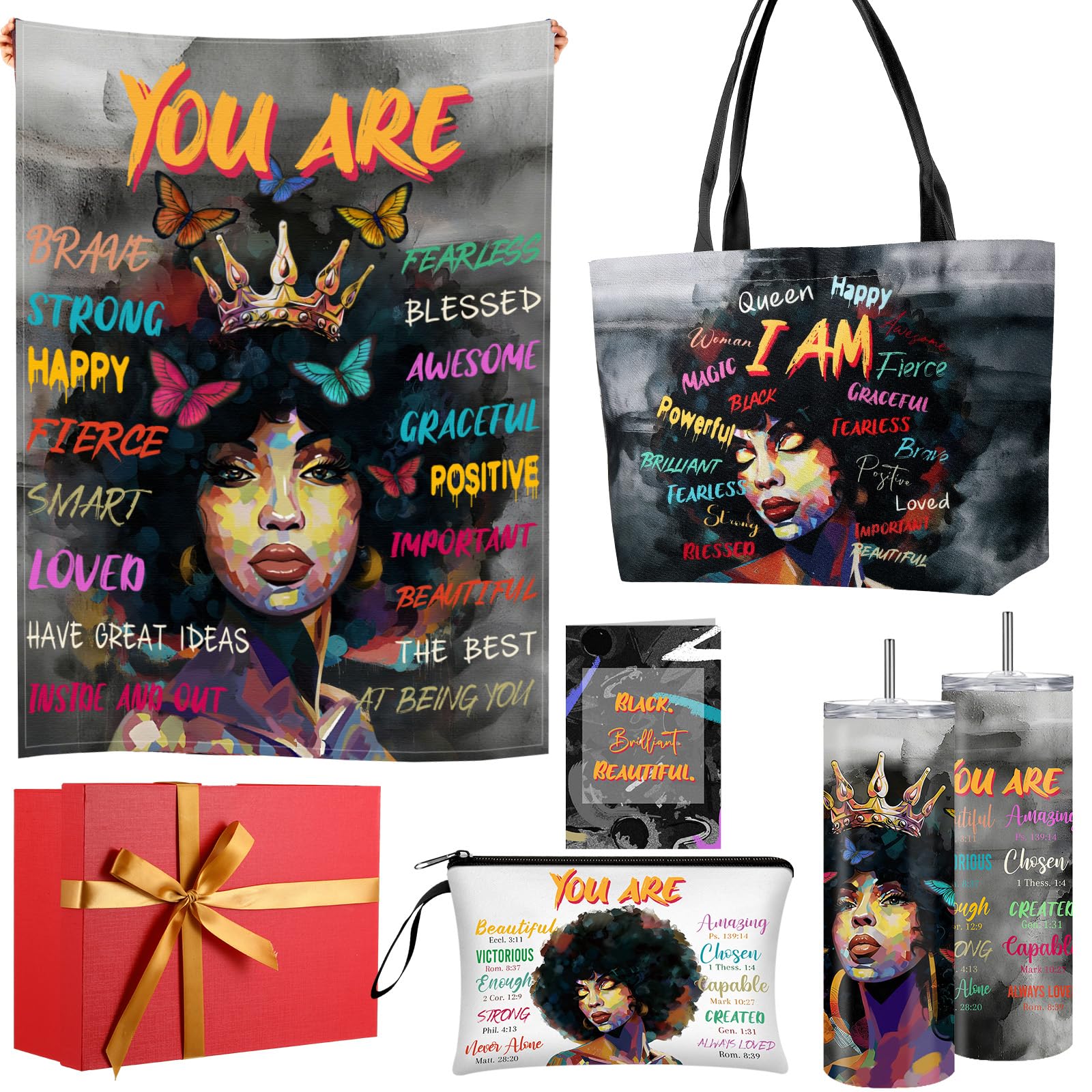 Geiserailie African American Gifts for Women Afro Black Girl Blanket, Tote Bag, Gift Box and More for Black Mom Friends Lady Christmas New Year Holiday Party Present
