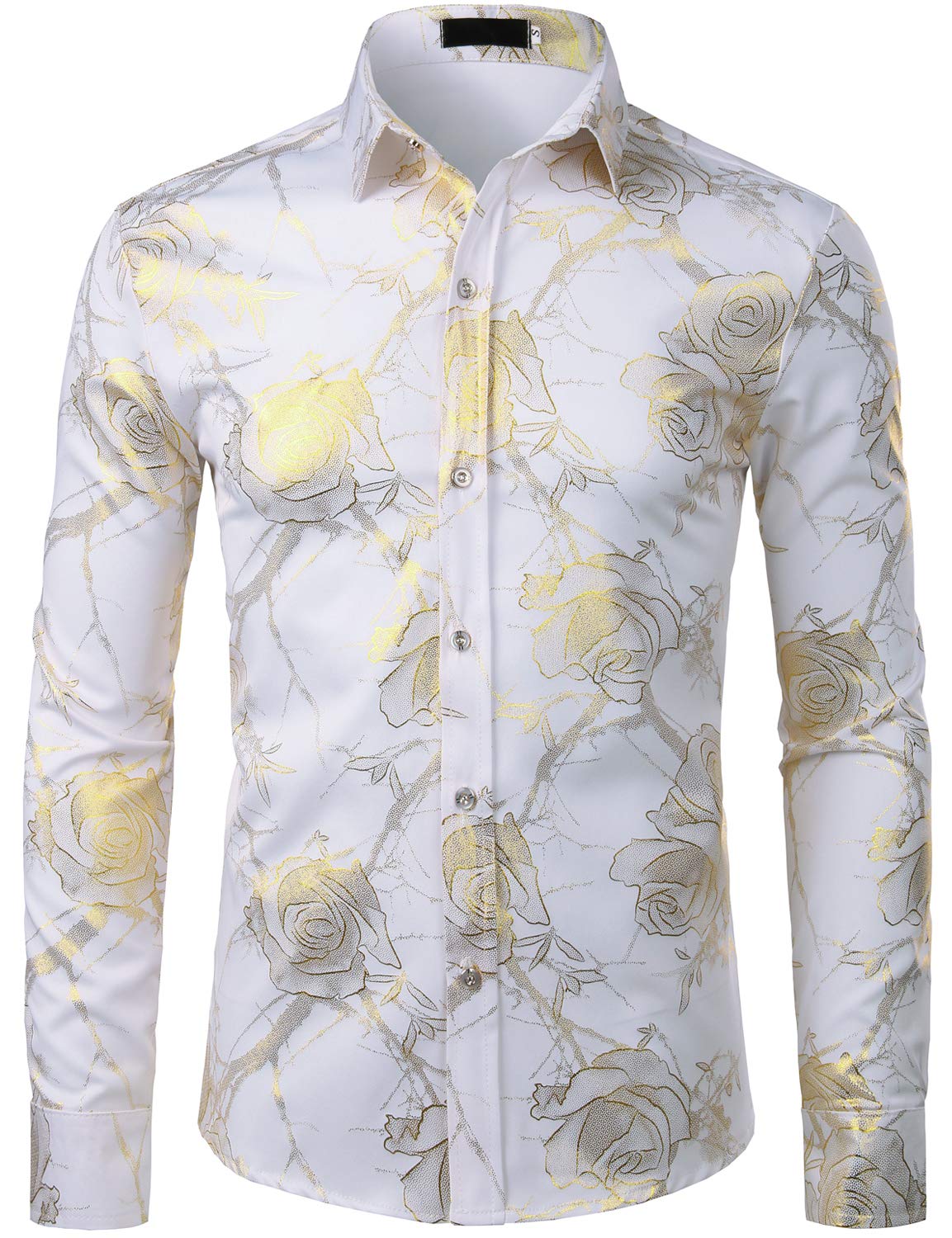 ZEROYAA Mens Hipster 3D Golden Rose Floral Printed Slim Fit Long Sleeve Button Down Dress Shirts