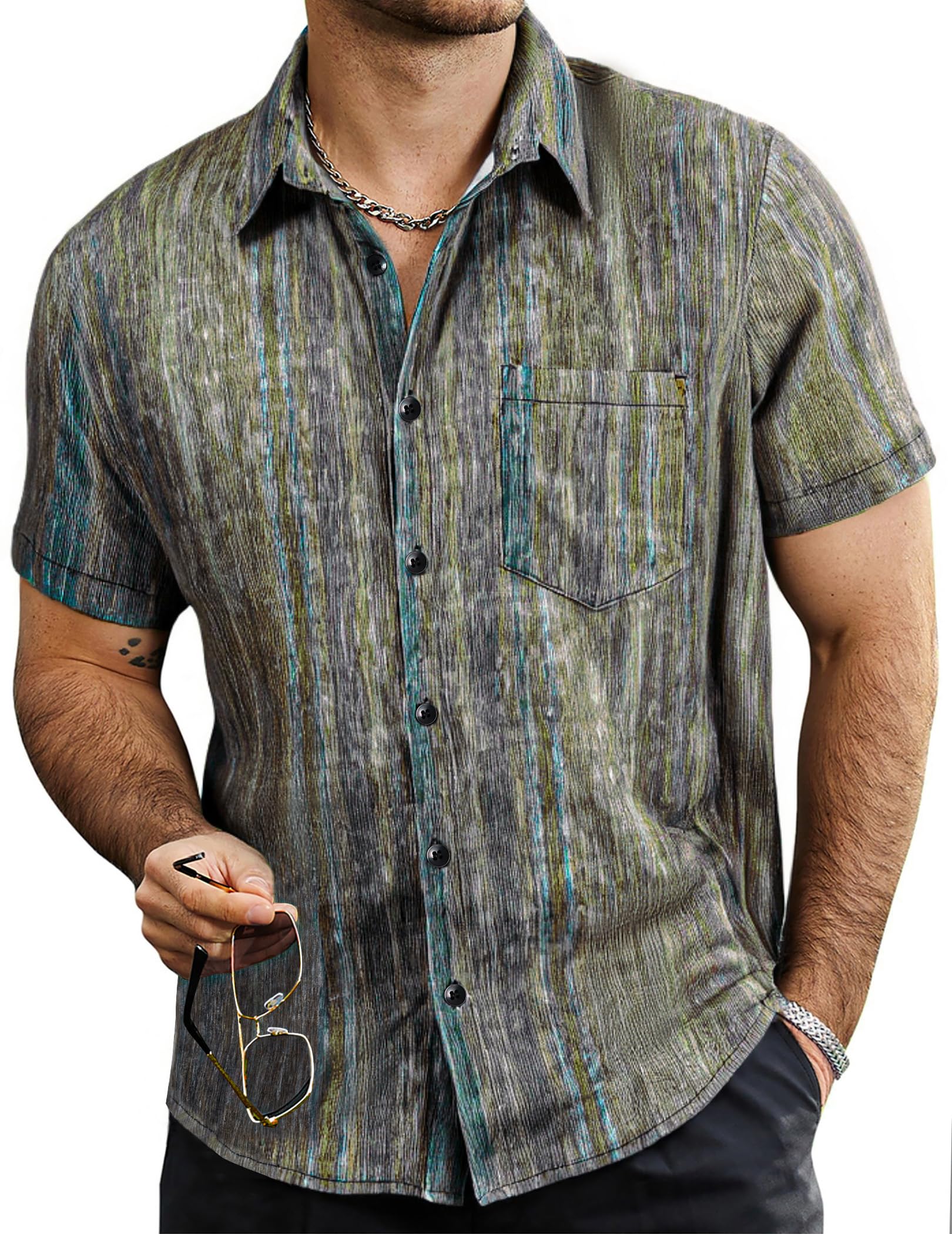VATPAVE Mens Summer Striped Shirts Button Down Short Sleeve Vintage Beach Hawaiian Shirts with Pocket
