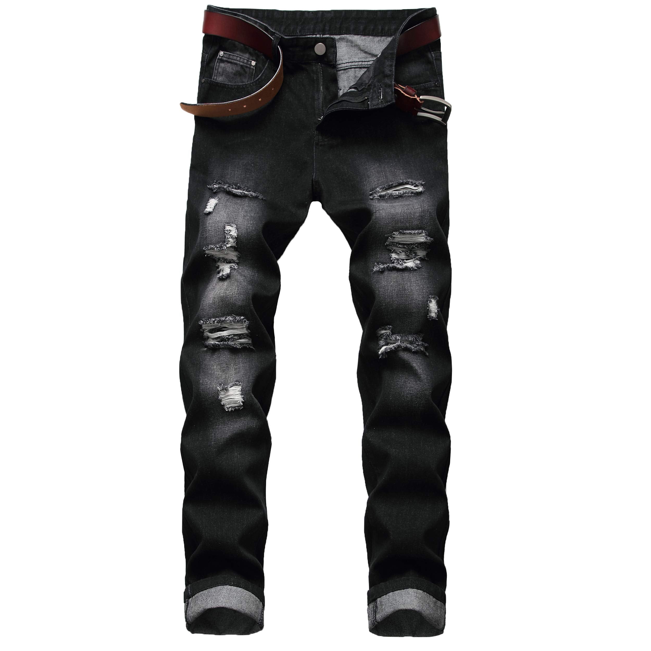 DANT BULUN Men's Ripped Distressed Destroyed Slim Fit Straight Leg Denim Jeans