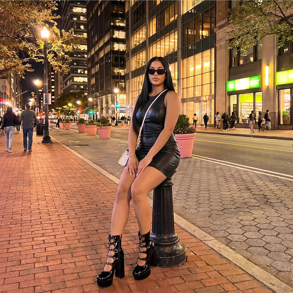 FancyQueen Platform Boots for Women, Chunky Platform Heels Goth Boots, Side Zipper Block Heels