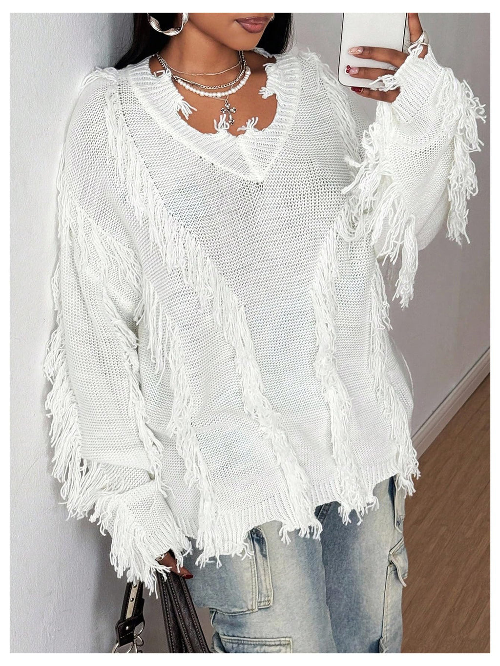 RoseSeek Women's Plus Size Ripped Distressed Sweaters V Neck Long Sleeve Gothic Fringe Sweater Y2K Jumper Fall Outfits