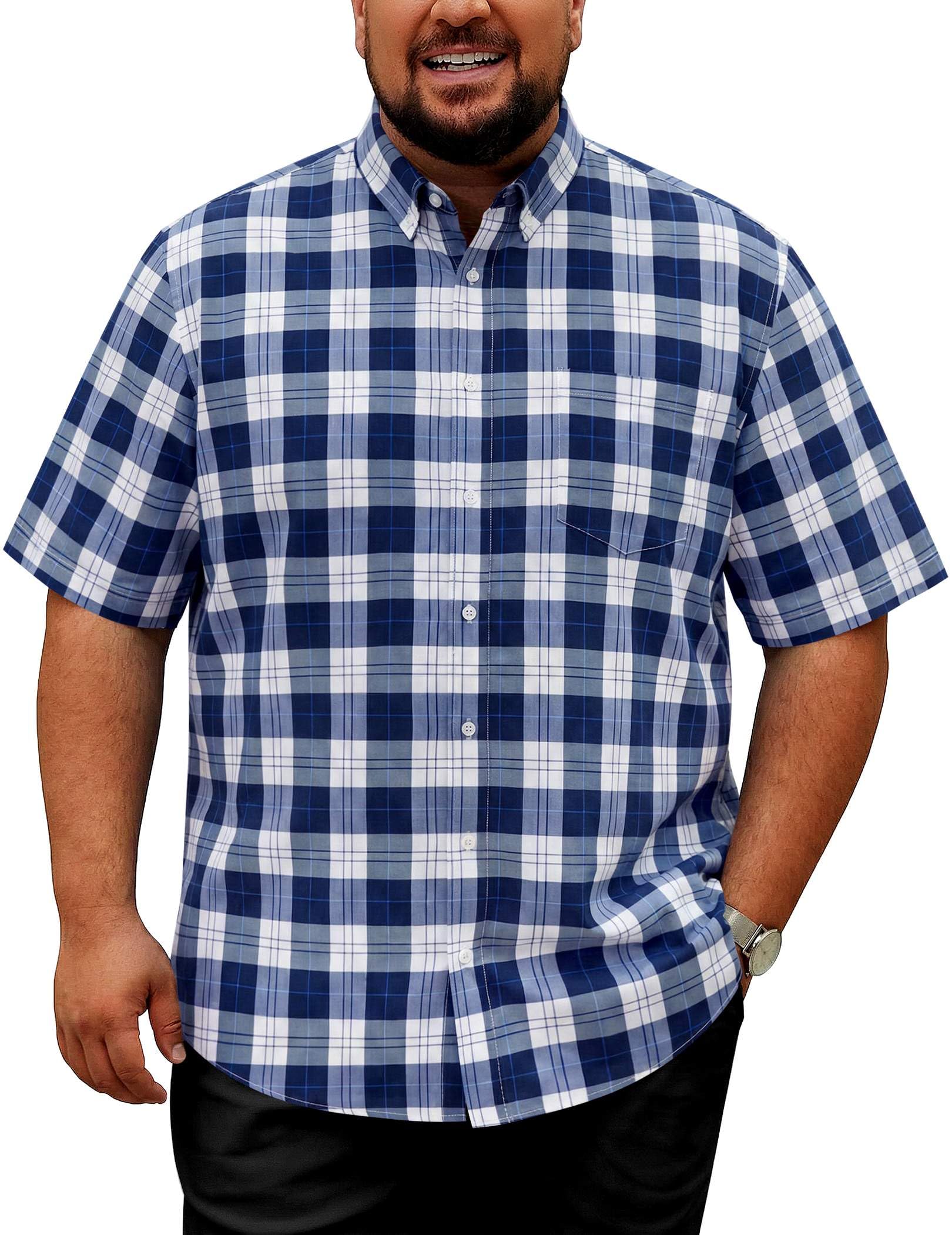 COOFANDY Mens Big and Tall Shirts Short Sleeve Casual Button Down Plaid Shirt Wrinkle Free Dress Shirt with Pocket