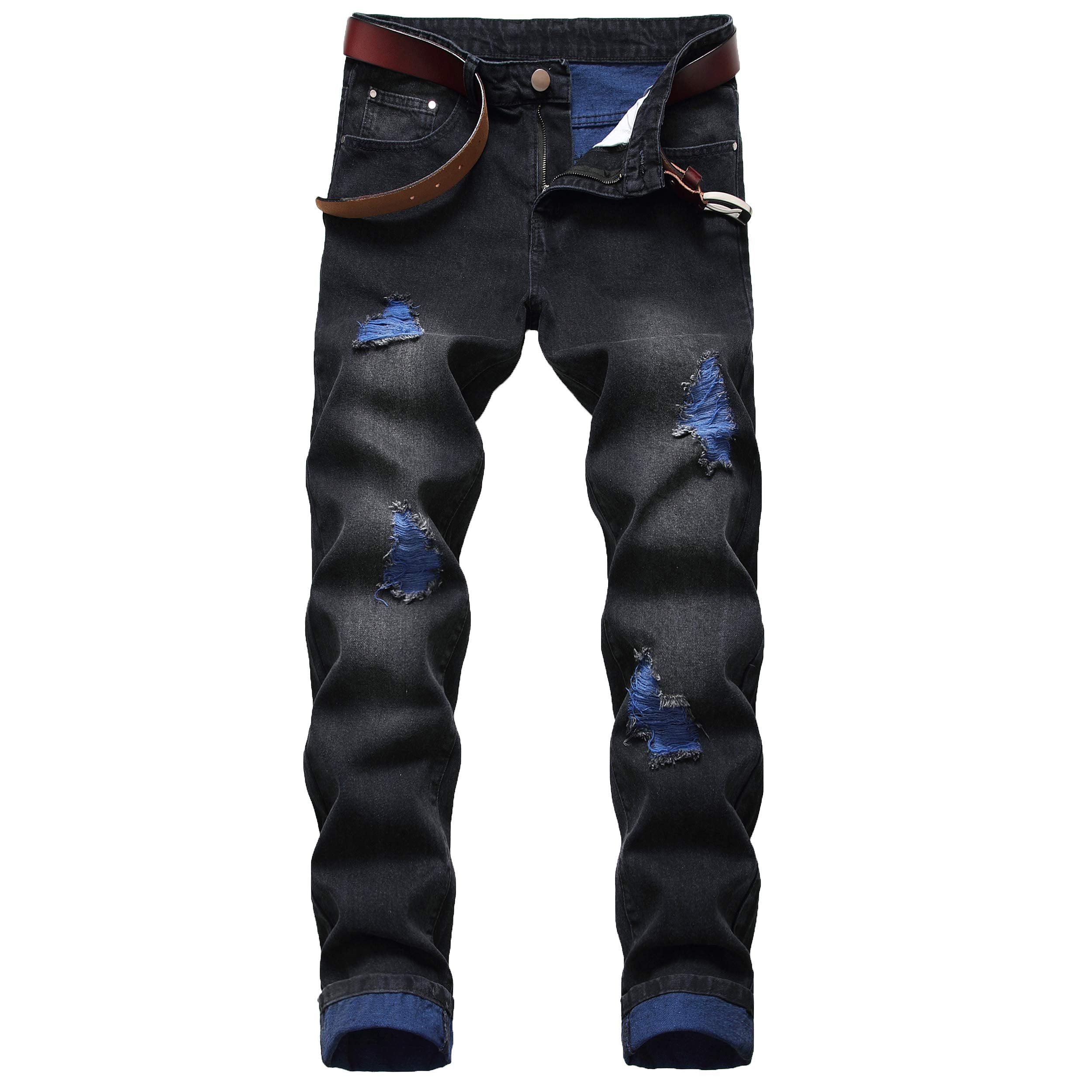 DANT BULUN Men's Ripped Distressed Destroyed Slim Fit Straight Leg Denim Jeans