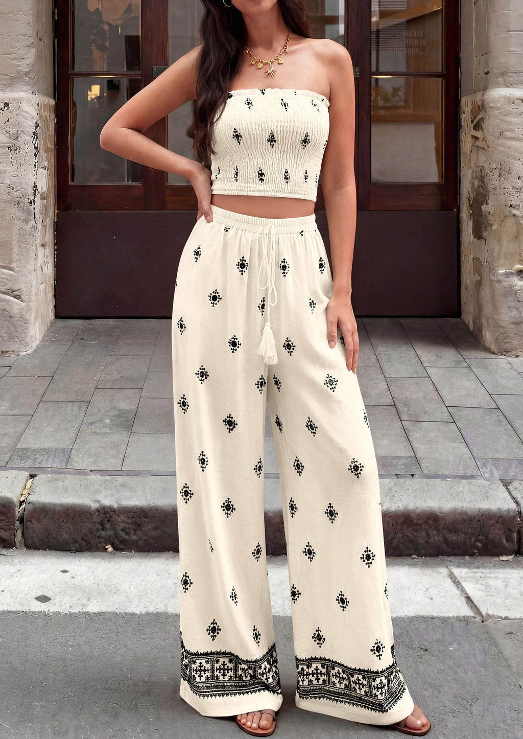 PRETTYGARDEN 2 Piece Sets for Women Summer 2026 Fashion Clothing Boho Tube Tops Wide Leg Pants Cruise Beach Vacation Outfits