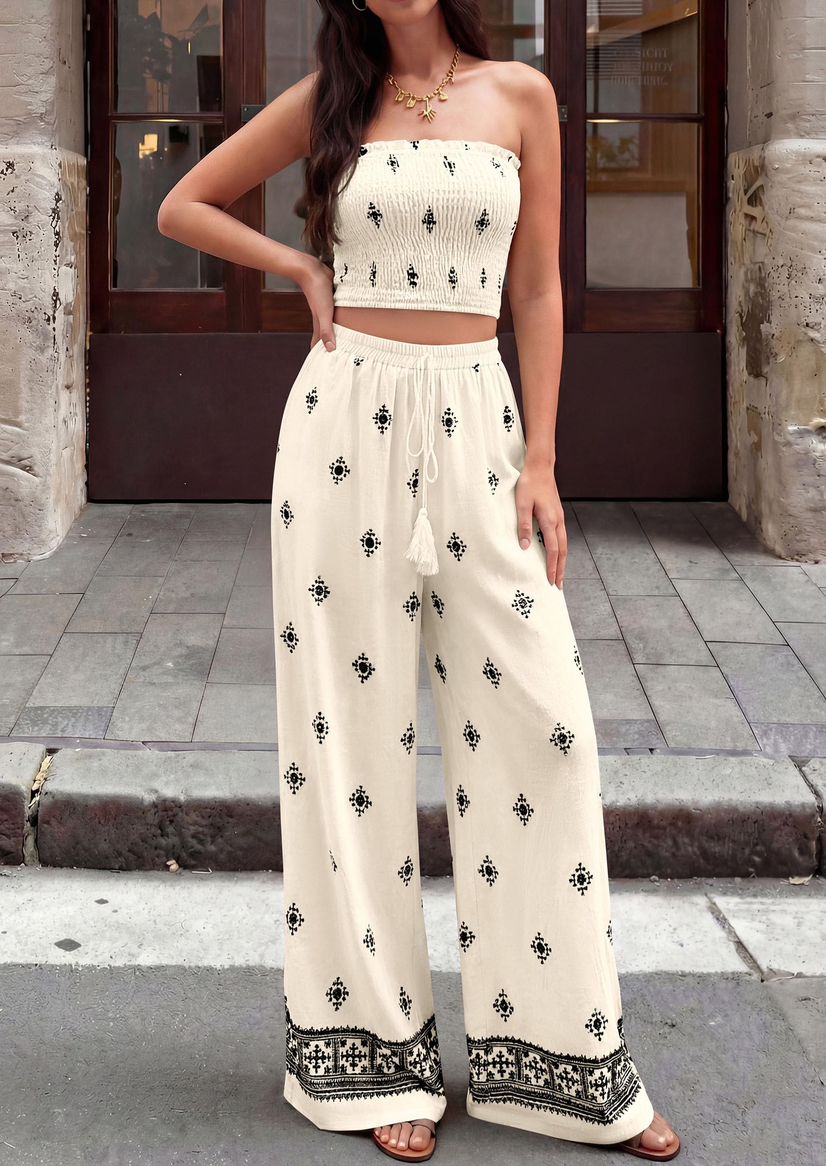 PRETTYGARDEN 2 Piece Sets for Women Summer 2026 Fashion Clothing Boho Tube Tops Wide Leg Pants Cruise Beach Vacation Outfits