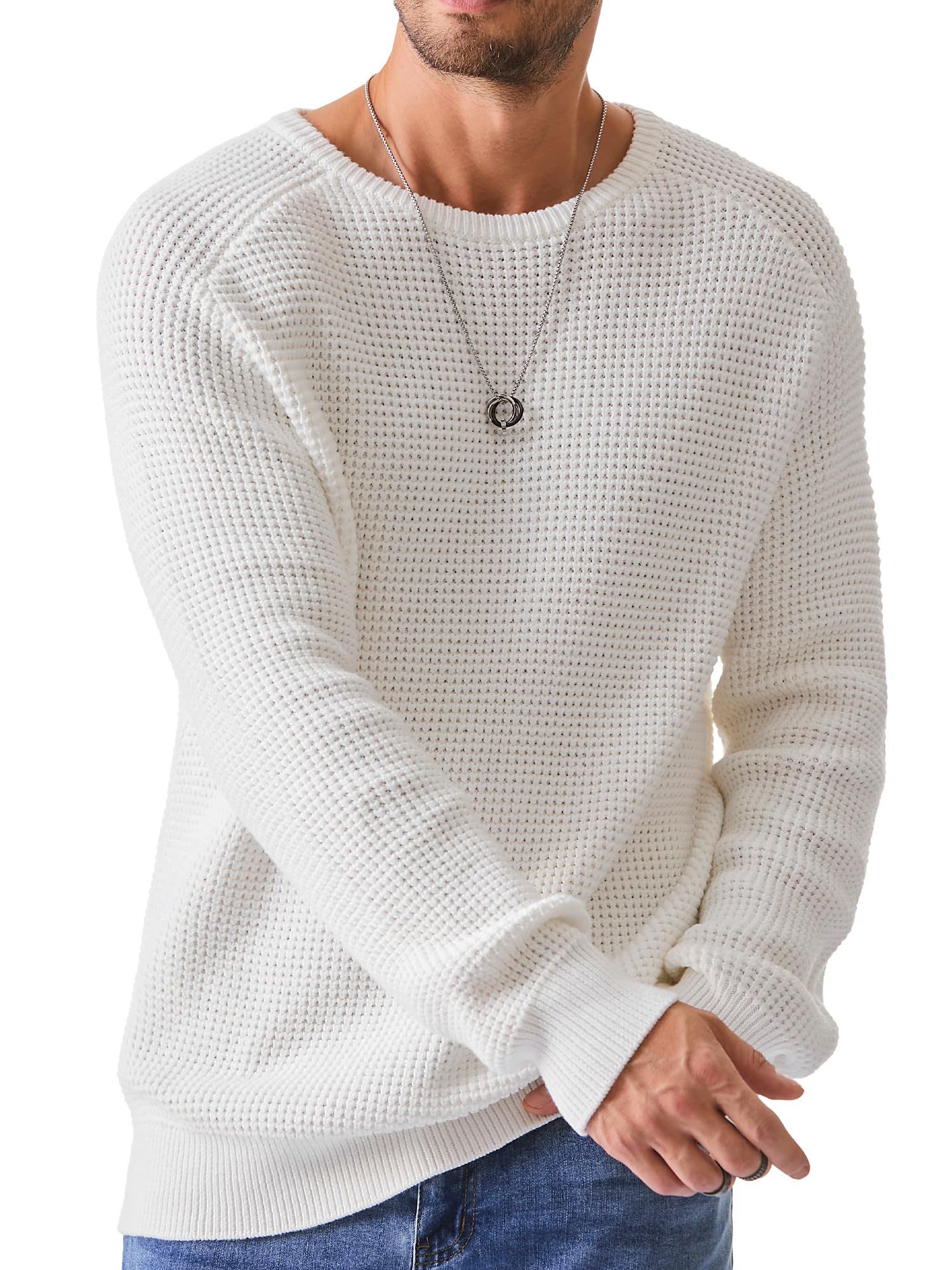 JMIERR Men's Crewneck Pullover Sweater Waffle Textured Knitted Sweaters Casual Loose Fit Sweaters with Ribbing Edge