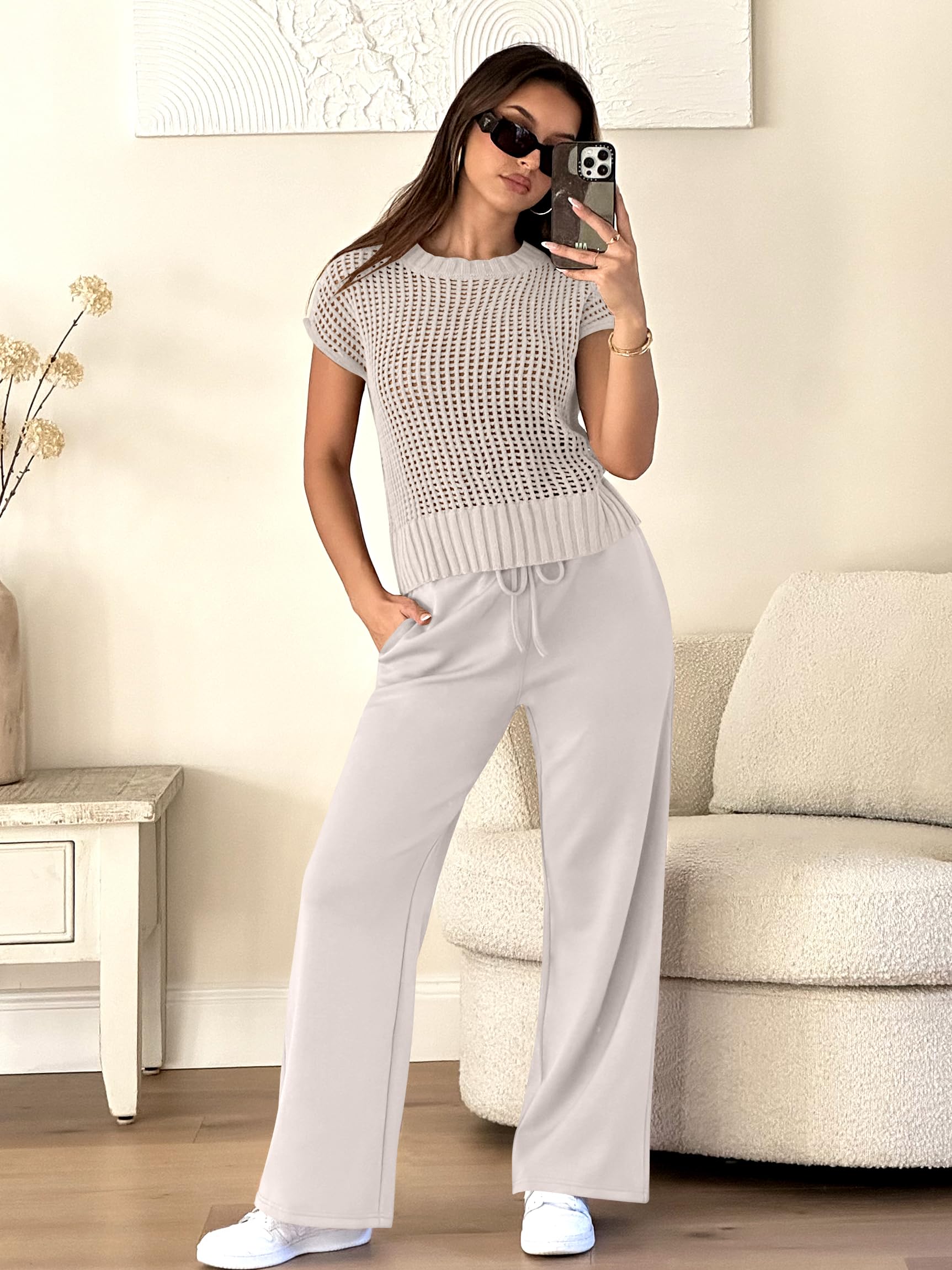 ANRABESS Women Two Piece Outfits Crochet Sheer Knit Sweater Top Wide Leg Pants Lounge Matching Sets Sweatsuit Travel Clothes