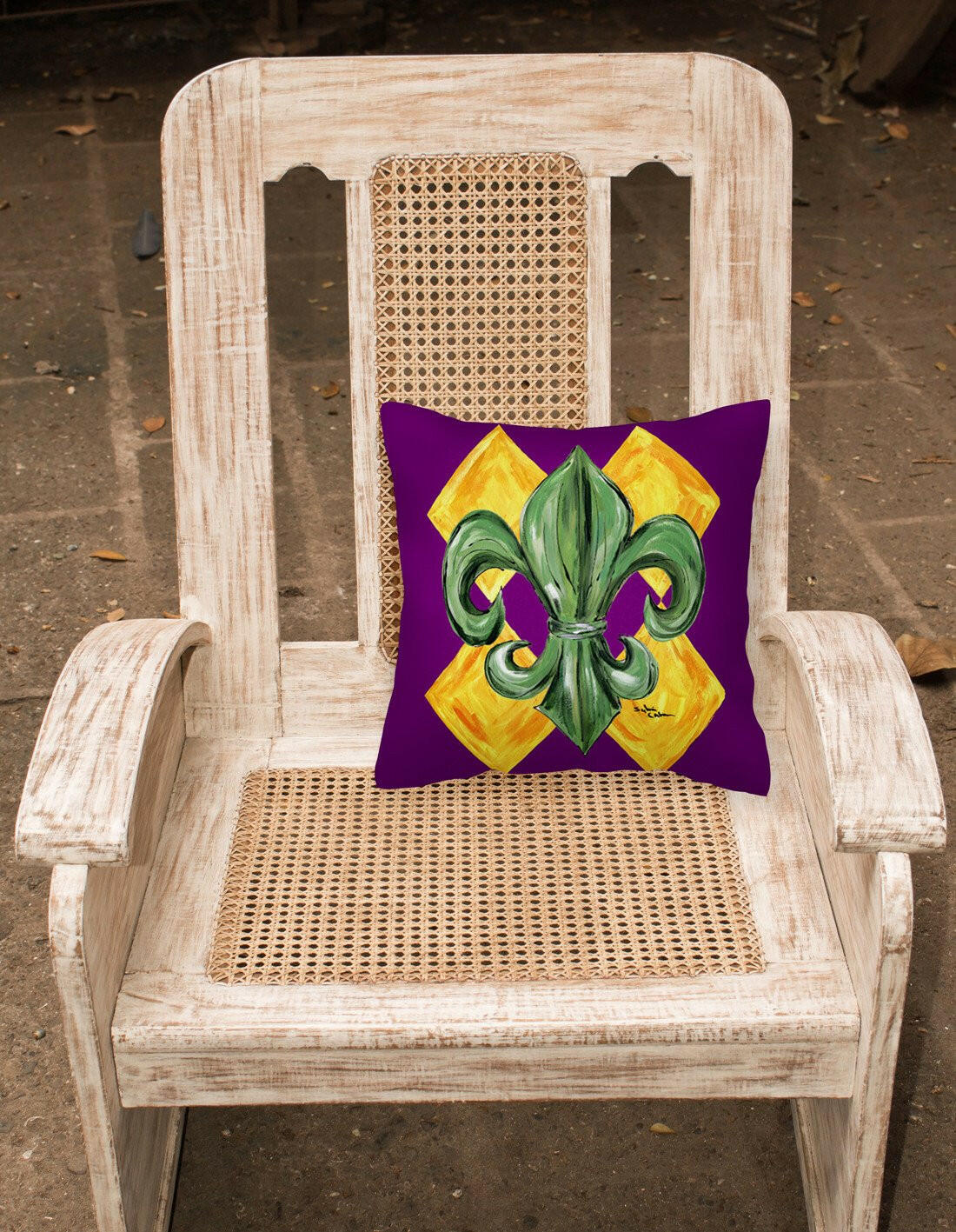 Mardi Gras Fleur de lis Purple Green and Gold Throw Pillow - 14x14 Decorative Pillow – Art for Your Home & Patio 8133PW1414