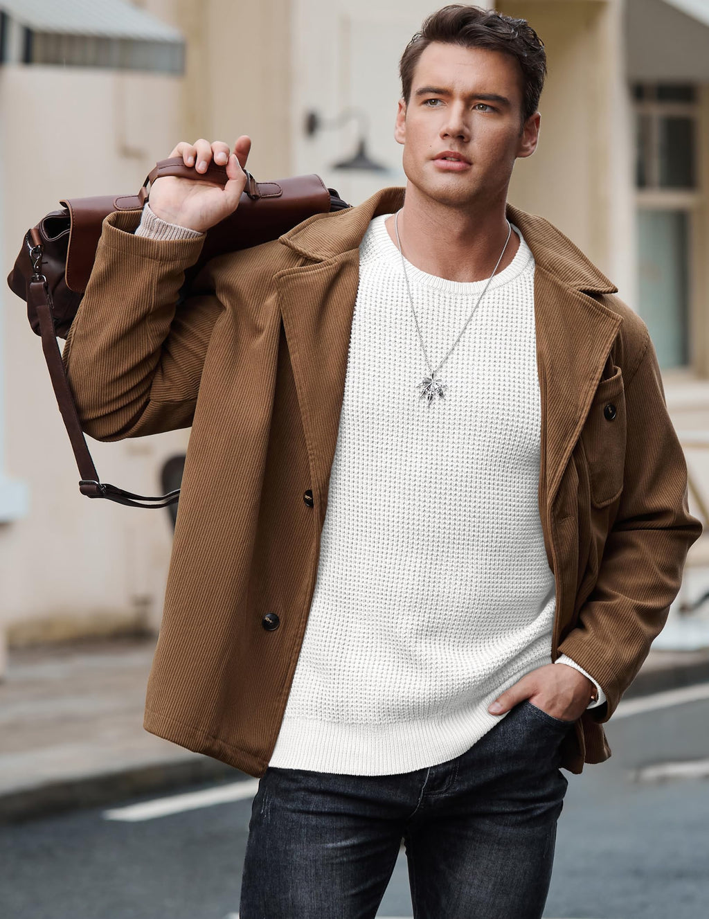 JMIERR Men's Crewneck Pullover Sweater Waffle Textured Knitted Sweaters Casual Loose Fit Sweaters with Ribbing Edge