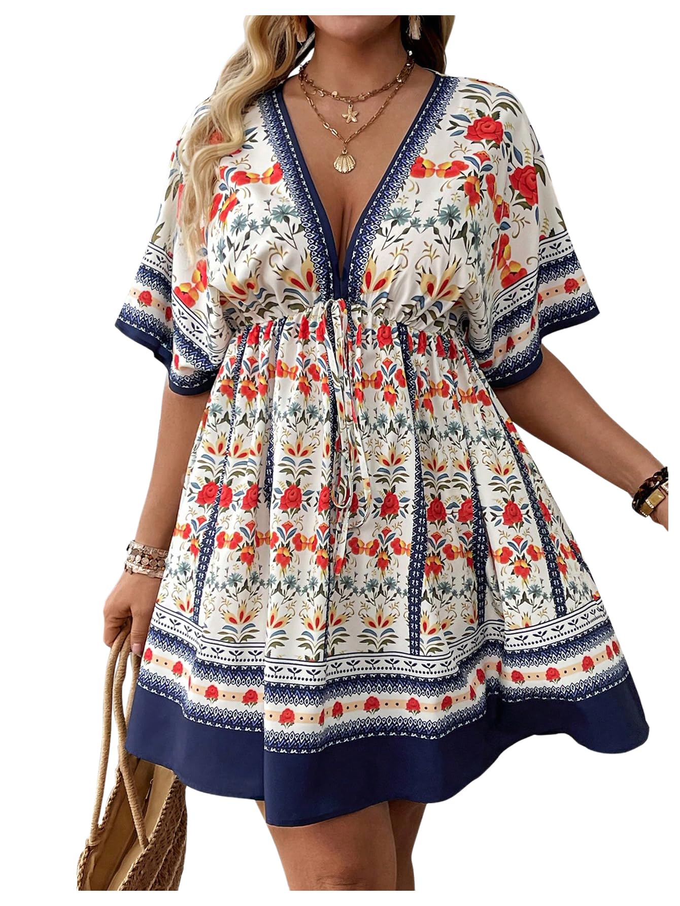 Floerns Women's Plus Size Summer Vacation Wrap V Neck Short Sleeve Ruffle Hem A Line Hawaiian Short Dress