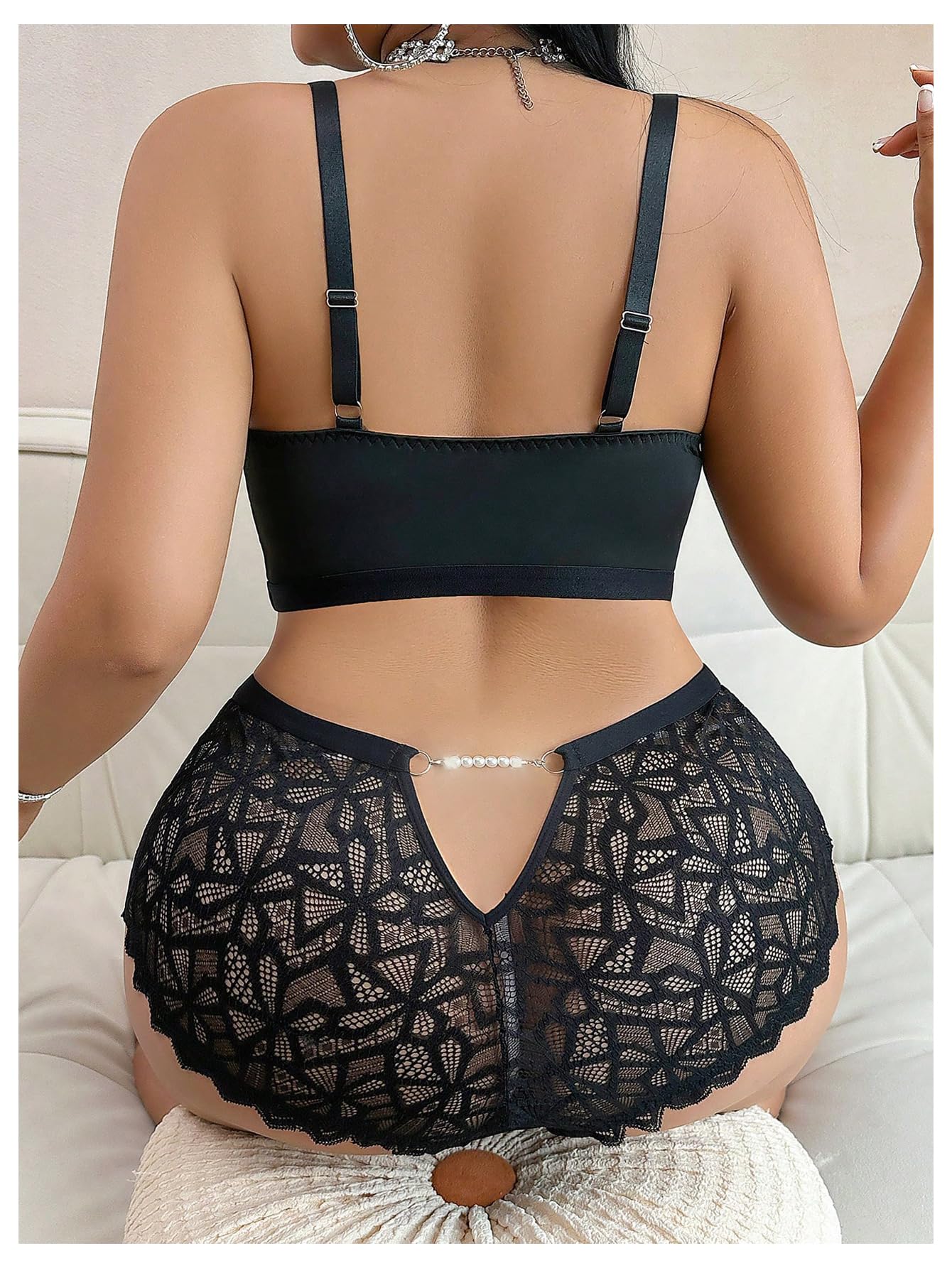 MakeMeChic Women's Plus Size Lingerie Sets Contrast Lace Cut Out Wireless Bra and Panty Set