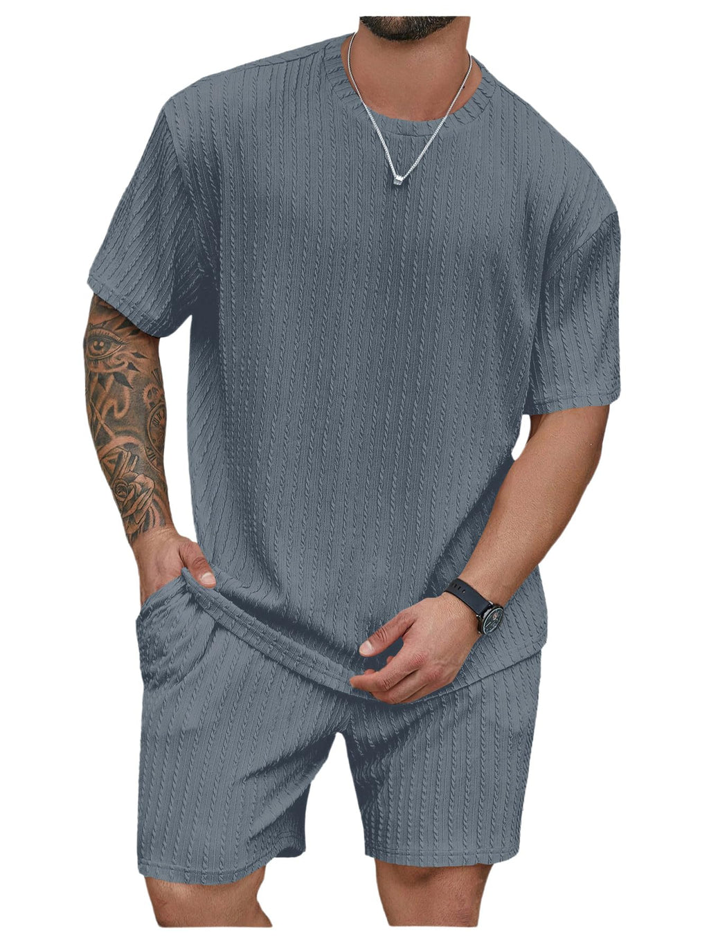 RoseSeek Men's Big and Tall 2 Piece Summer Outfits Textured Drop Shoulder T Shirt and Short Sets Tracksuit