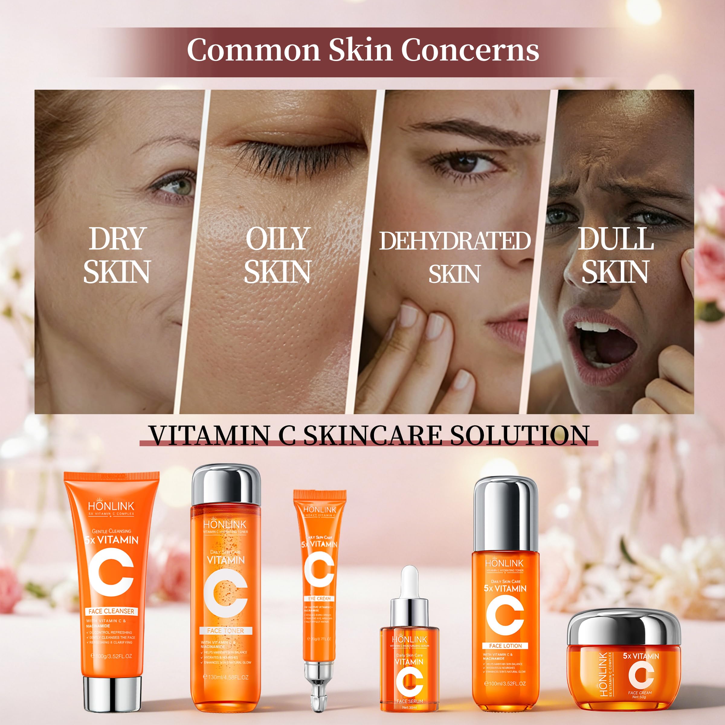 SADOER 6-Piece Hydrating Skincare Set with Vitamin C & Niacinamide – Daily Face Care Kit Includes Toner, Serum, Cleanser,Moisturizer, Eye Cream & Body Lotion | All Skin Types